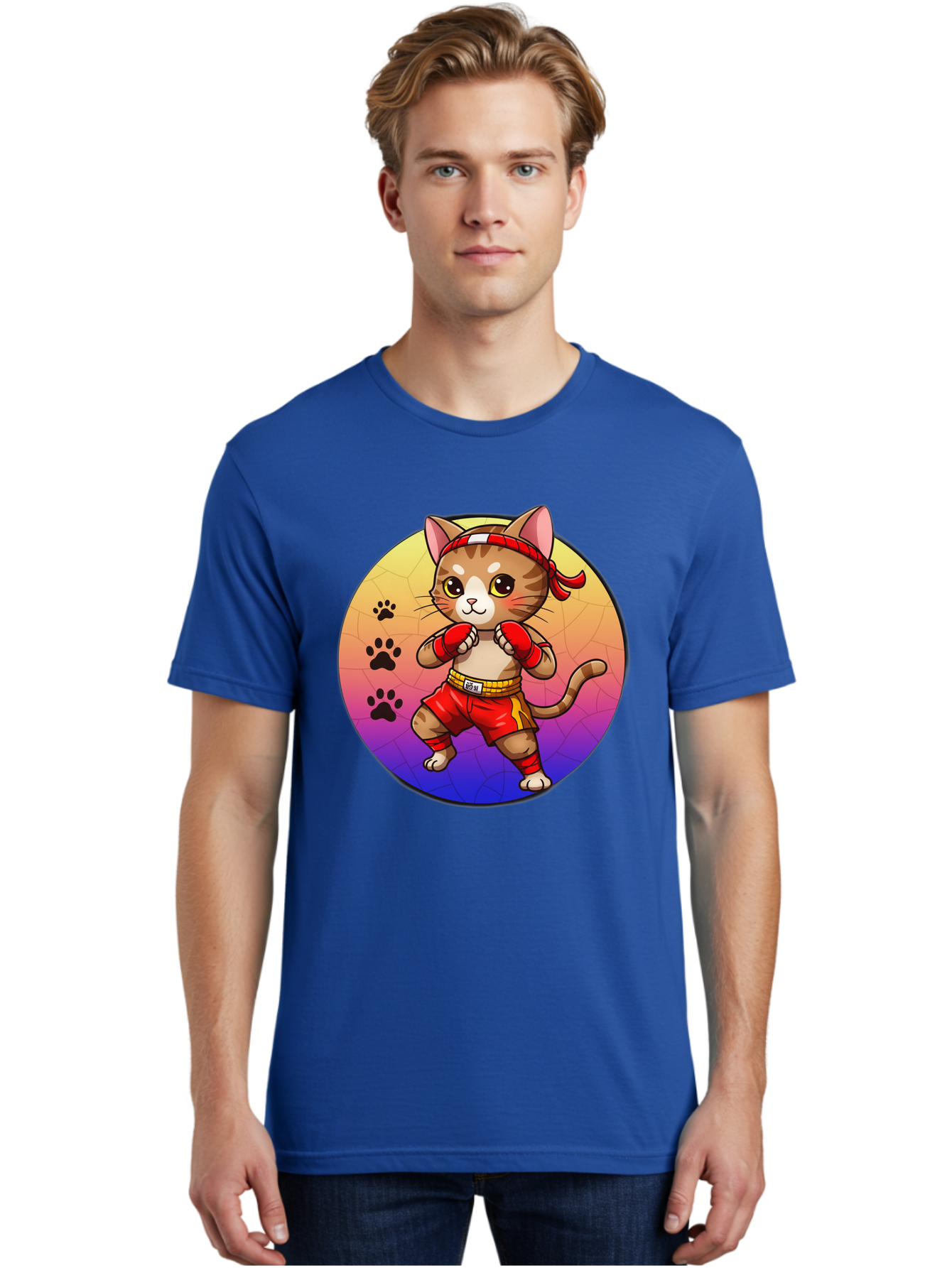 Kitty-Muay-Thai Men'S Graphic Tee, 100% Cotton, Comfortable Casual Summer Wear, Machine Washable, Cartoon Cat, Muay Thai Fighter, Boxing Gloves, Red Shorts, Kawaii Character, Cat Paw Prints, Gradient Background, Martial Arts, Fighting Stance, Bae480 26