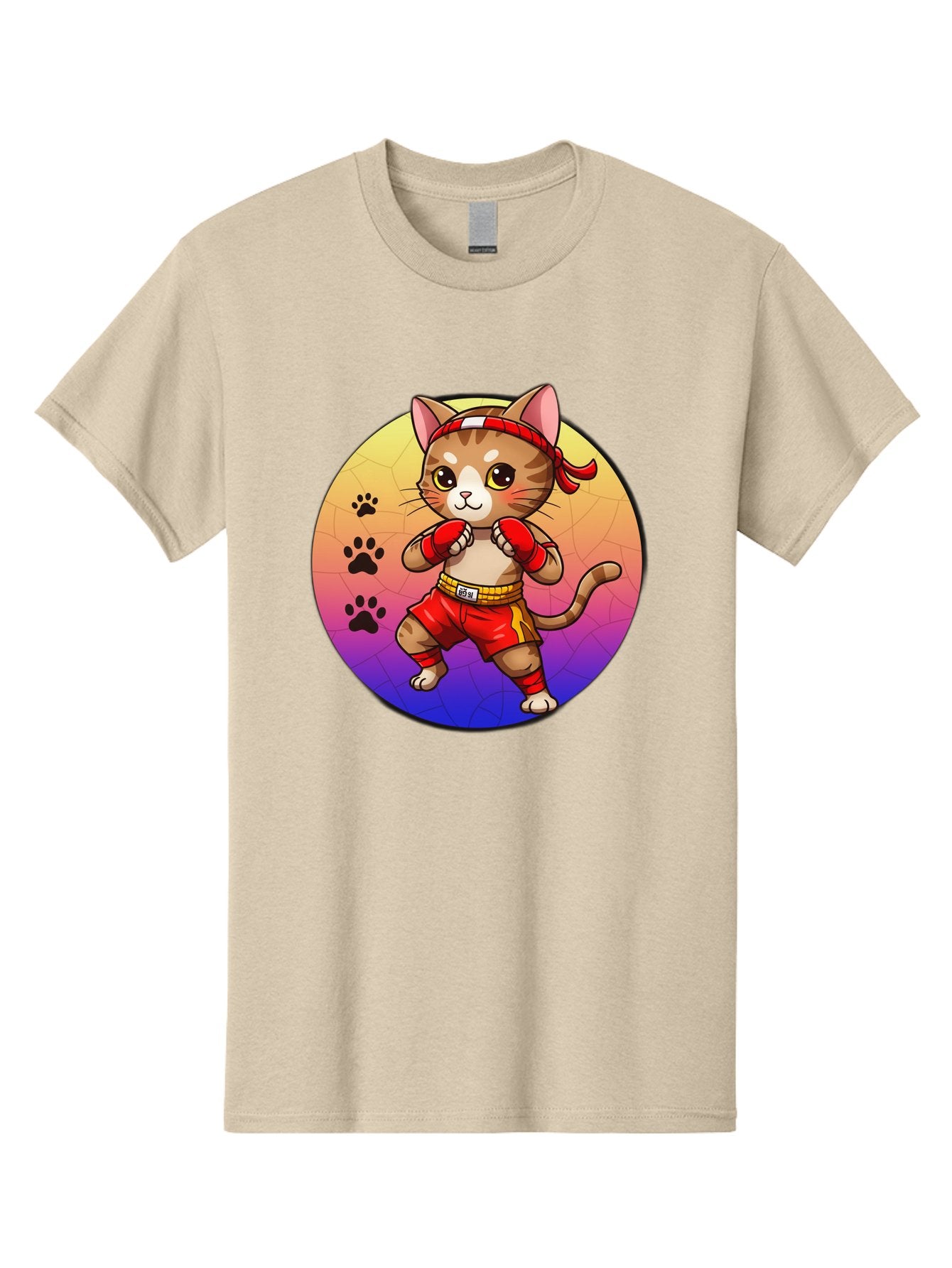 Kitty-Muay-Thai Men'S Graphic Tee, 100% Cotton, Comfortable Casual Summer Wear, Machine Washable, Cartoon Cat, Muay Thai Fighter, Boxing Gloves, Red Shorts, Kawaii Character, Cat Paw Prints, Gradient Background, Martial Arts, Fighting Stance, Bae480 13