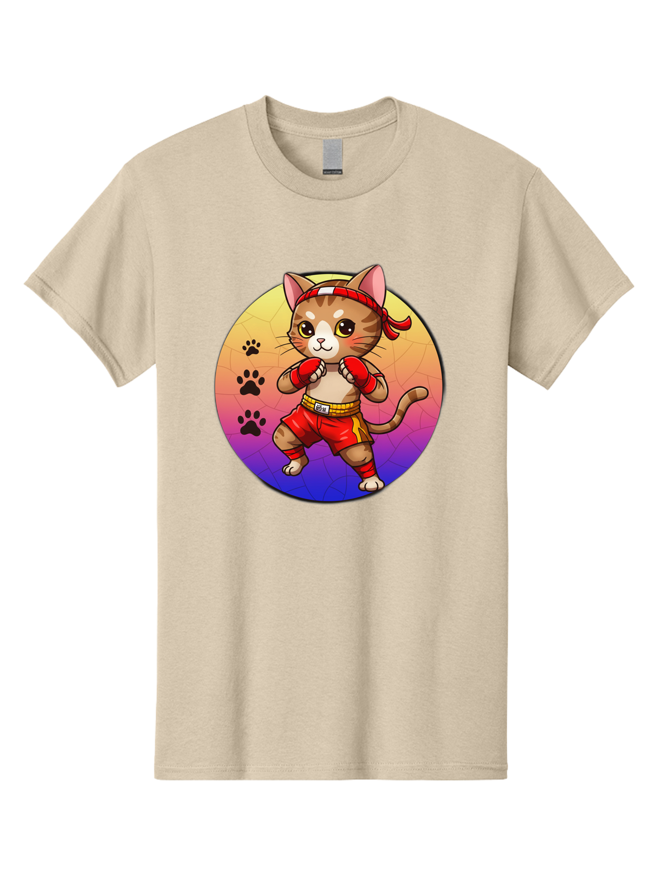 Kitty-Muay-Thai Men'S Graphic Tee, 100% Cotton, Comfortable Casual Summer Wear, Machine Washable, Cartoon Cat, Muay Thai Fighter, Boxing Gloves, Red Shorts, Kawaii Character, Cat Paw Prints, Gradient Background, Martial Arts, Fighting Stance, Bae480 15