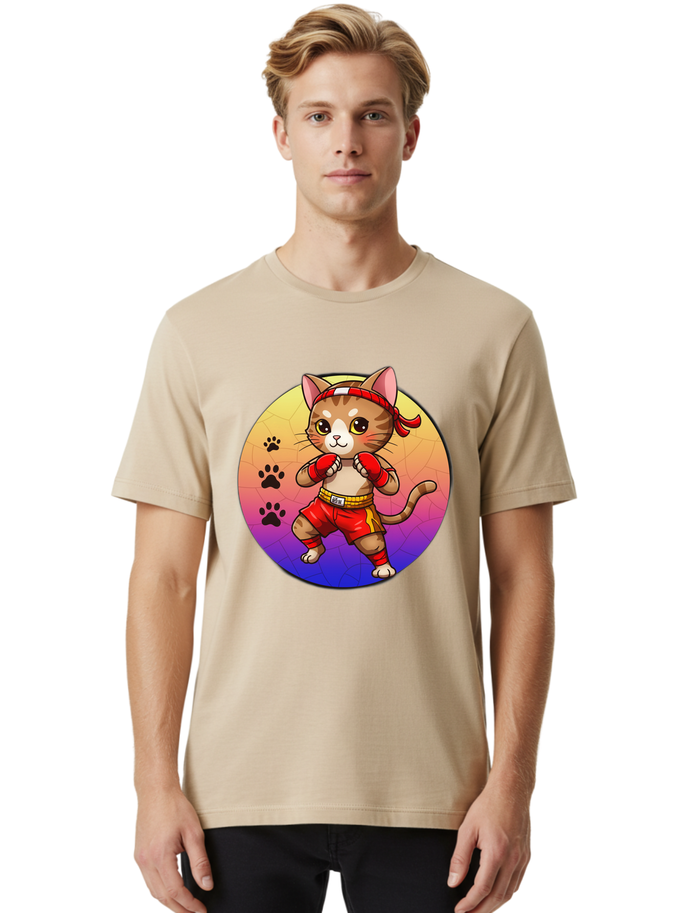 Kitty-Muay-Thai Men'S Graphic Tee, 100% Cotton, Comfortable Casual Summer Wear, Machine Washable, Cartoon Cat, Muay Thai Fighter, Boxing Gloves, Red Shorts, Kawaii Character, Cat Paw Prints, Gradient Background, Martial Arts, Fighting Stance, Bae480 30