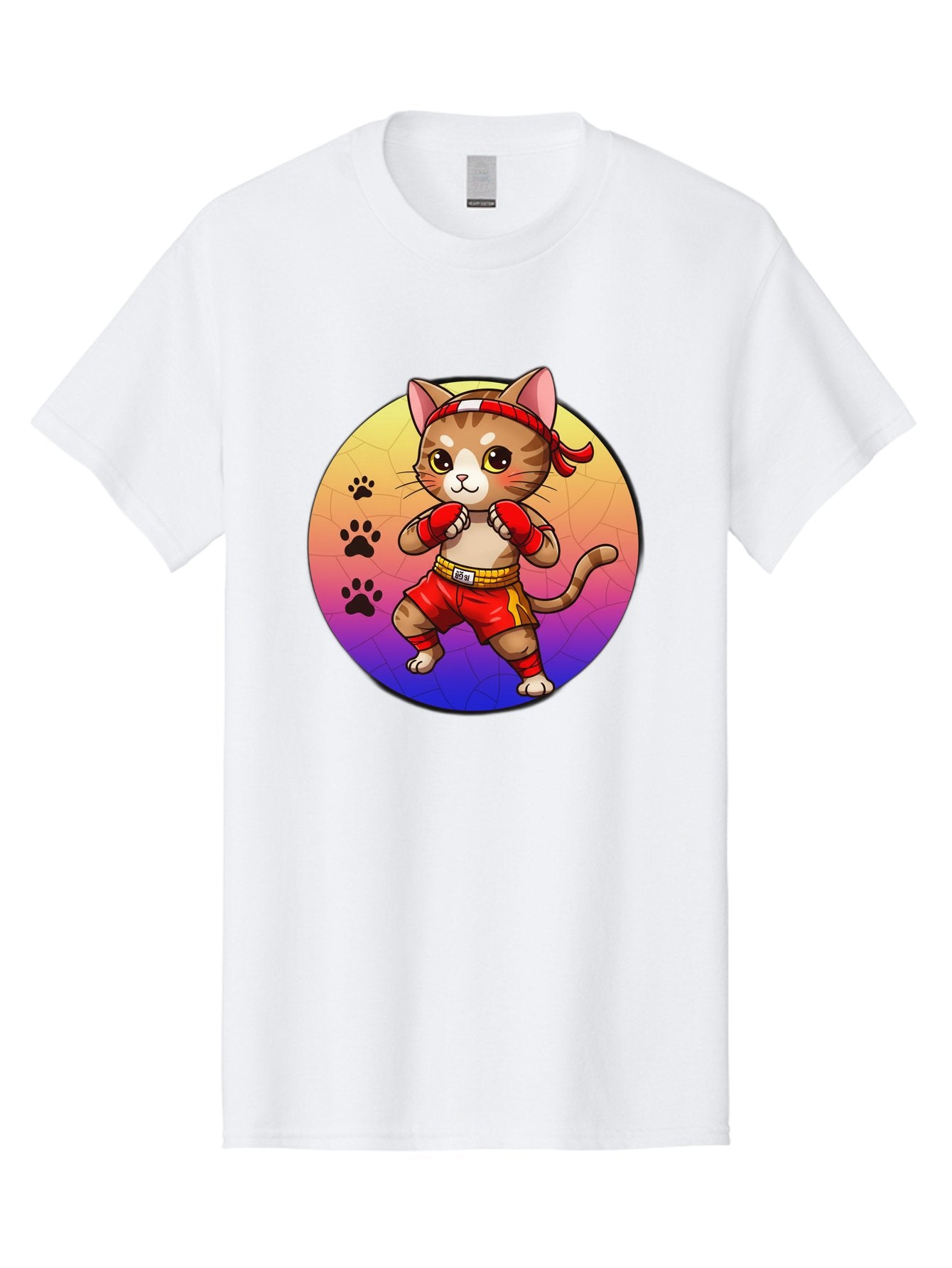Kitty-Muay-Thai Men'S Graphic Tee, 100% Cotton, Comfortable Casual Summer Wear, Machine Washable, Cartoon Cat, Muay Thai Fighter, Boxing Gloves, Red Shorts, Kawaii Character, Cat Paw Prints, Gradient Background, Martial Arts, Fighting Stance, Bae480 10