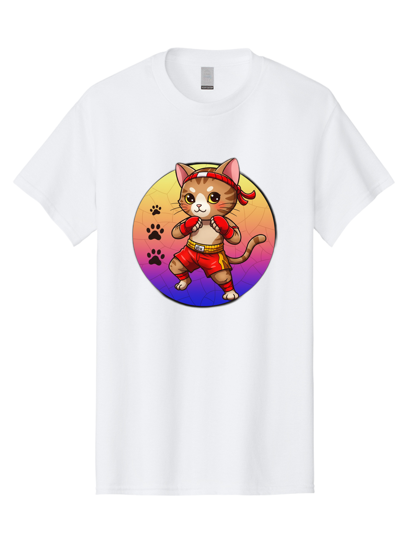 Kitty-Muay-Thai Men'S Graphic Tee, 100% Cotton, Comfortable Casual Summer Wear, Machine Washable, Cartoon Cat, Muay Thai Fighter, Boxing Gloves, Red Shorts, Kawaii Character, Cat Paw Prints, Gradient Background, Martial Arts, Fighting Stance, Bae480 14