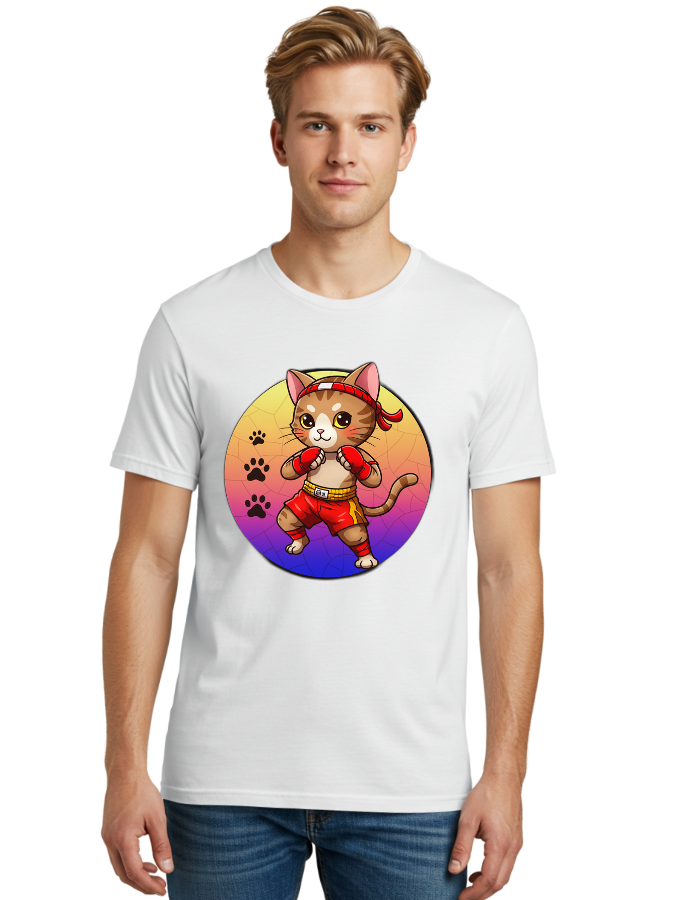 Kitty-Muay-Thai Men'S Graphic Tee, 100% Cotton, Comfortable Casual Summer Wear, Machine Washable, Cartoon Cat, Muay Thai Fighter, Boxing Gloves, Red Shorts, Kawaii Character, Cat Paw Prints, Gradient Background, Martial Arts, Fighting Stance, Bae480 29
