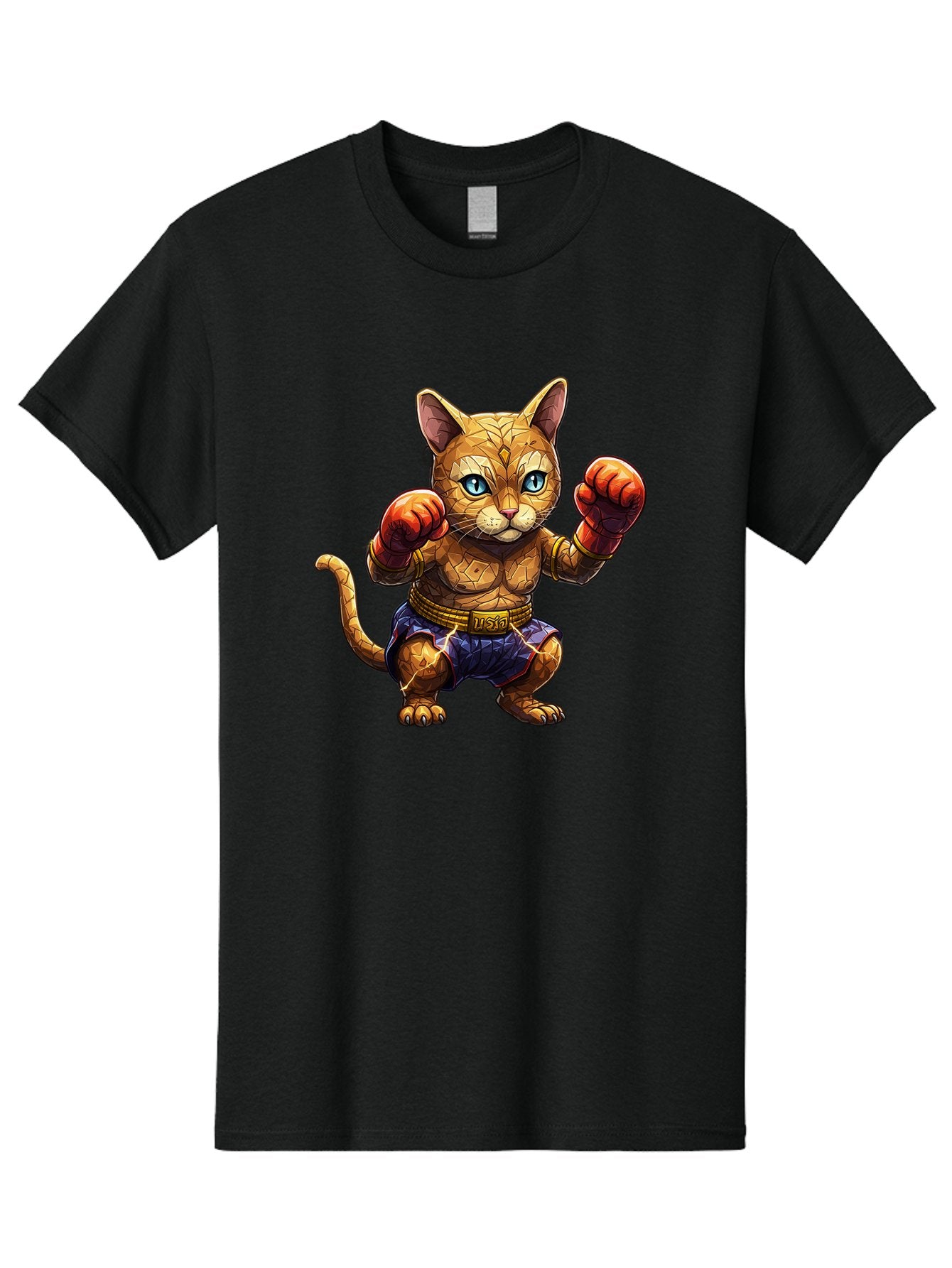 Kung-Fu-Cat-1 Men'S Graphic Tee, 100% Cotton, Comfortable Casual Summer Wear, Machine Washable, Cartoon Cat With Boxing Gloves, Muscular Cat, Fighting Stance, Blue Shorts, Gold Belt, Tiger-Like, Orange Fur, Intense Stare, Athletic Build, Bae481 11