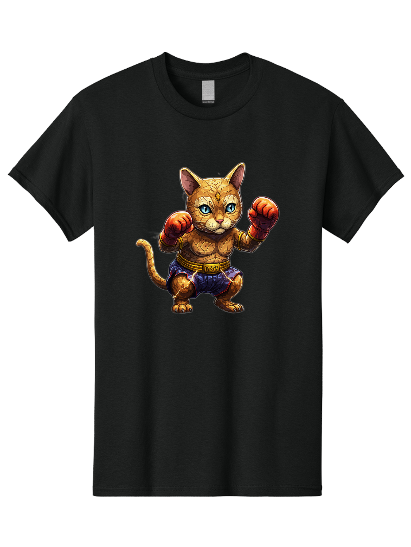Kung-Fu-Cat-1 Men'S Graphic Tee, 100% Cotton, Comfortable Casual Summer Wear, Machine Washable, Cartoon Cat With Boxing Gloves, Muscular Cat, Fighting Stance, Blue Shorts, Gold Belt, Tiger-Like, Orange Fur, Intense Stare, Athletic Build, Bae481 4