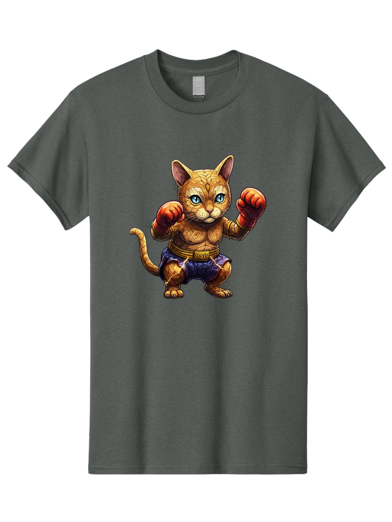 Kung-Fu-Cat-1 Men'S Graphic Tee, 100% Cotton, Comfortable Casual Summer Wear, Machine Washable, Cartoon Cat With Boxing Gloves, Muscular Cat, Fighting Stance, Blue Shorts, Gold Belt, Tiger-Like, Orange Fur, Intense Stare, Athletic Build, Bae481 7