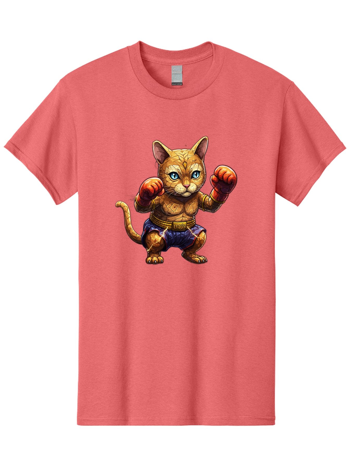 Kung-Fu-Cat-1 Men'S Graphic Tee, 100% Cotton, Comfortable Casual Summer Wear, Machine Washable, Cartoon Cat With Boxing Gloves, Muscular Cat, Fighting Stance, Blue Shorts, Gold Belt, Tiger-Like, Orange Fur, Intense Stare, Athletic Build, Bae481 6