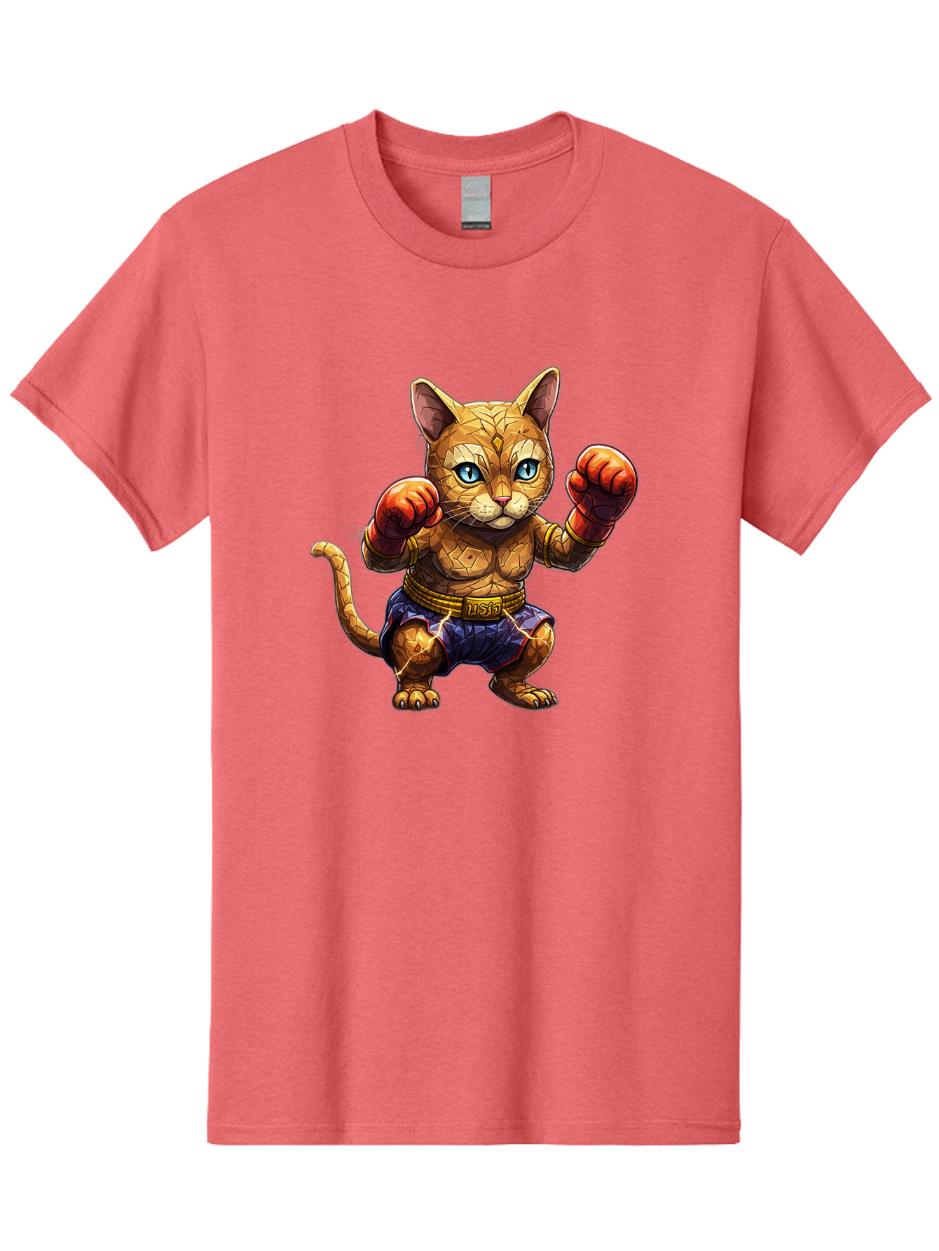 Kung-Fu-Cat-1 Men'S Graphic Tee, 100% Cotton, Comfortable Casual Summer Wear, Machine Washable, Cartoon Cat With Boxing Gloves, Muscular Cat, Fighting Stance, Blue Shorts, Gold Belt, Tiger-Like, Orange Fur, Intense Stare, Athletic Build, Bae481 7