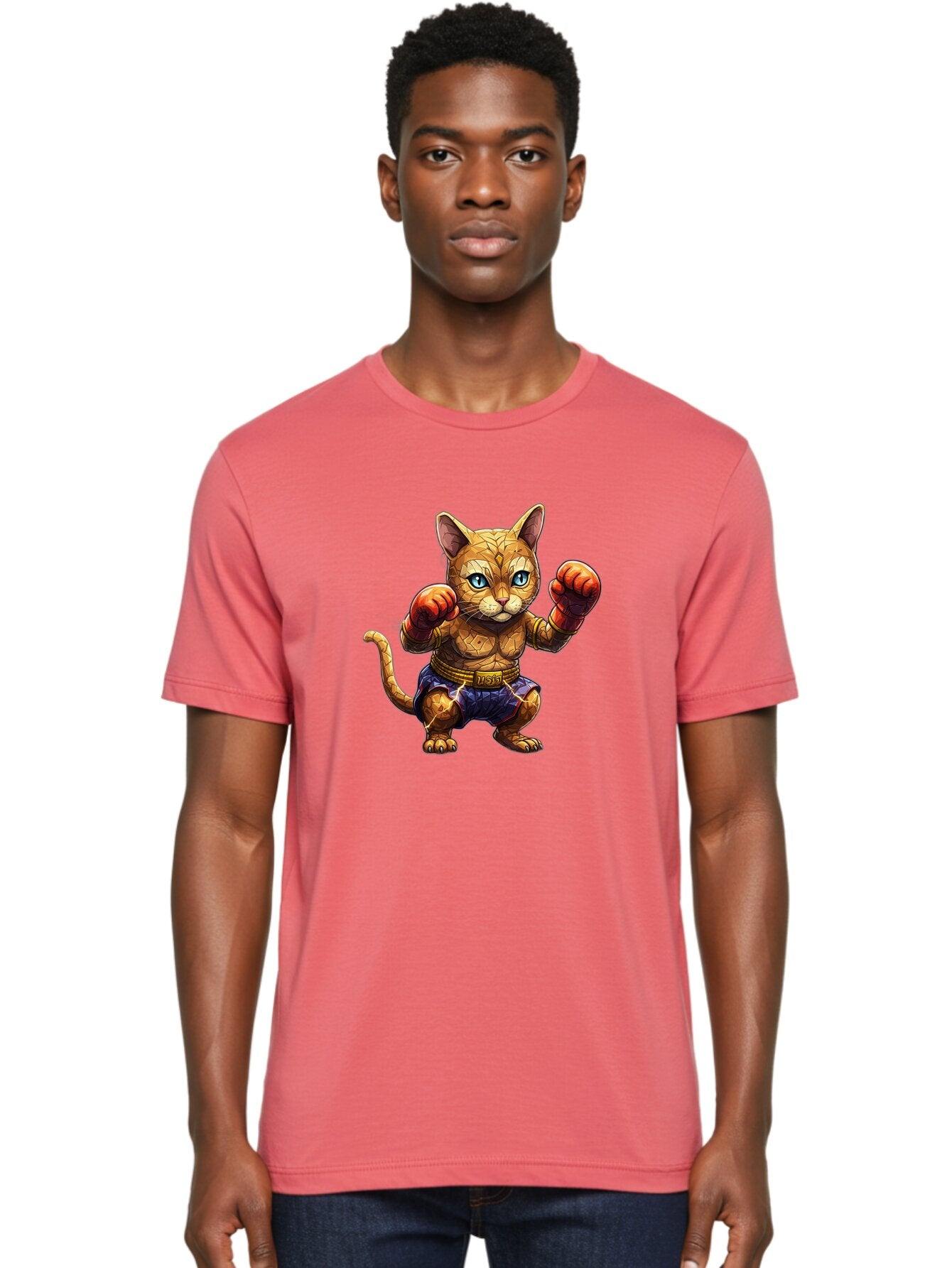 Kung-Fu-Cat-1 Men'S Graphic Tee, 100% Cotton, Comfortable Casual Summer Wear, Machine Washable, Cartoon Cat With Boxing Gloves, Muscular Cat, Fighting Stance, Blue Shorts, Gold Belt, Tiger-Like, Orange Fur, Intense Stare, Athletic Build, Bae481 24