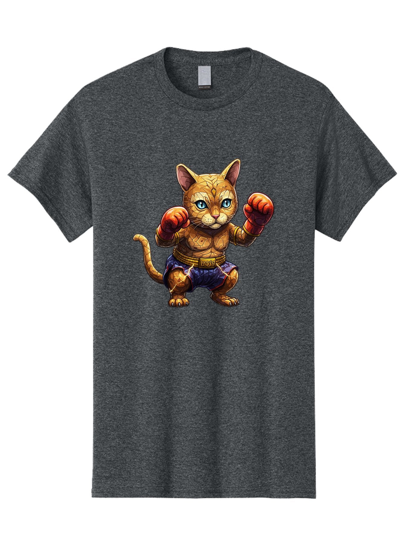 Kung-Fu-Cat-1 Men'S Graphic Tee, 100% Cotton, Comfortable Casual Summer Wear, Machine Washable, Cartoon Cat With Boxing Gloves, Muscular Cat, Fighting Stance, Blue Shorts, Gold Belt, Tiger-Like, Orange Fur, Intense Stare, Athletic Build, Bae481 14