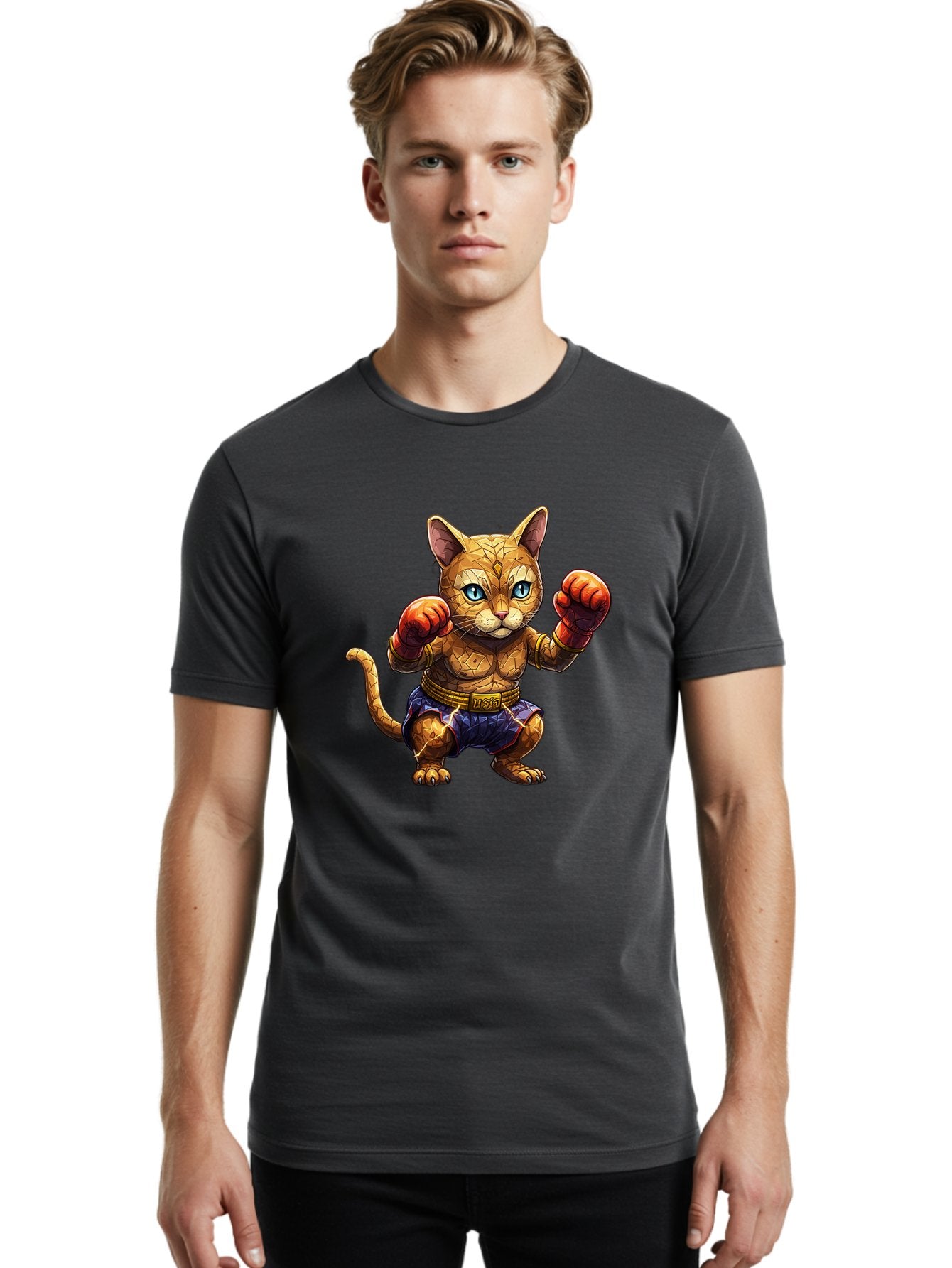 Kung-Fu-Cat-1 Men'S Graphic Tee, 100% Cotton, Comfortable Casual Summer Wear, Machine Washable, Cartoon Cat With Boxing Gloves, Muscular Cat, Fighting Stance, Blue Shorts, Gold Belt, Tiger-Like, Orange Fur, Intense Stare, Athletic Build, Bae481 29