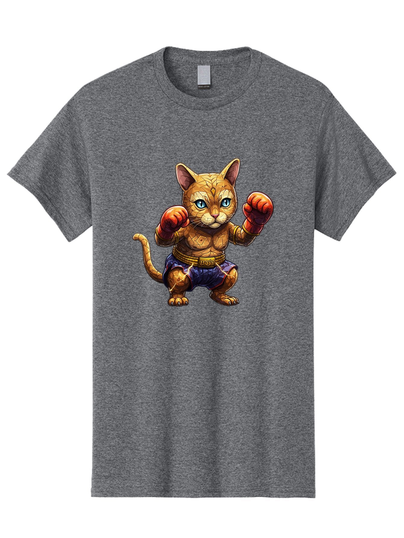 Kung-Fu-Cat-1 Men'S Graphic Tee, 100% Cotton, Comfortable Casual Summer Wear, Machine Washable, Cartoon Cat With Boxing Gloves, Muscular Cat, Fighting Stance, Blue Shorts, Gold Belt, Tiger-Like, Orange Fur, Intense Stare, Athletic Build, Bae481 8
