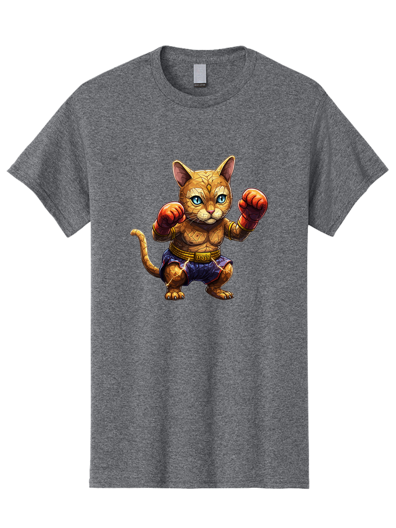 Kung-Fu-Cat-1 Men'S Graphic Tee, 100% Cotton, Comfortable Casual Summer Wear, Machine Washable, Cartoon Cat With Boxing Gloves, Muscular Cat, Fighting Stance, Blue Shorts, Gold Belt, Tiger-Like, Orange Fur, Intense Stare, Athletic Build, Bae481 6