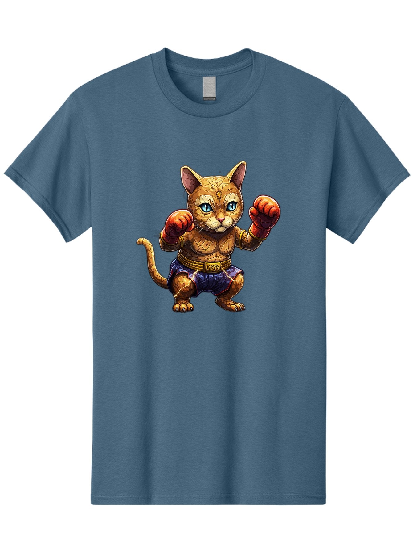 Kung-Fu-Cat-1 Men'S Graphic Tee, 100% Cotton, Comfortable Casual Summer Wear, Machine Washable, Cartoon Cat With Boxing Gloves, Muscular Cat, Fighting Stance, Blue Shorts, Gold Belt, Tiger-Like, Orange Fur, Intense Stare, Athletic Build, Bae481 13