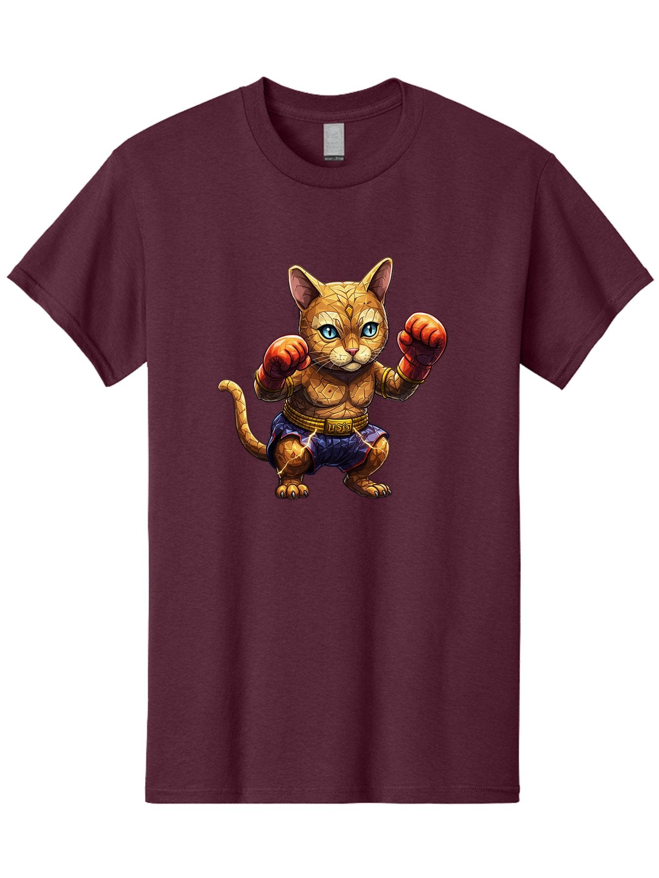 Kung-Fu-Cat-1 Men'S Graphic Tee, 100% Cotton, Comfortable Casual Summer Wear, Machine Washable, Cartoon Cat With Boxing Gloves, Muscular Cat, Fighting Stance, Blue Shorts, Gold Belt, Tiger-Like, Orange Fur, Intense Stare, Athletic Build, Bae481 15