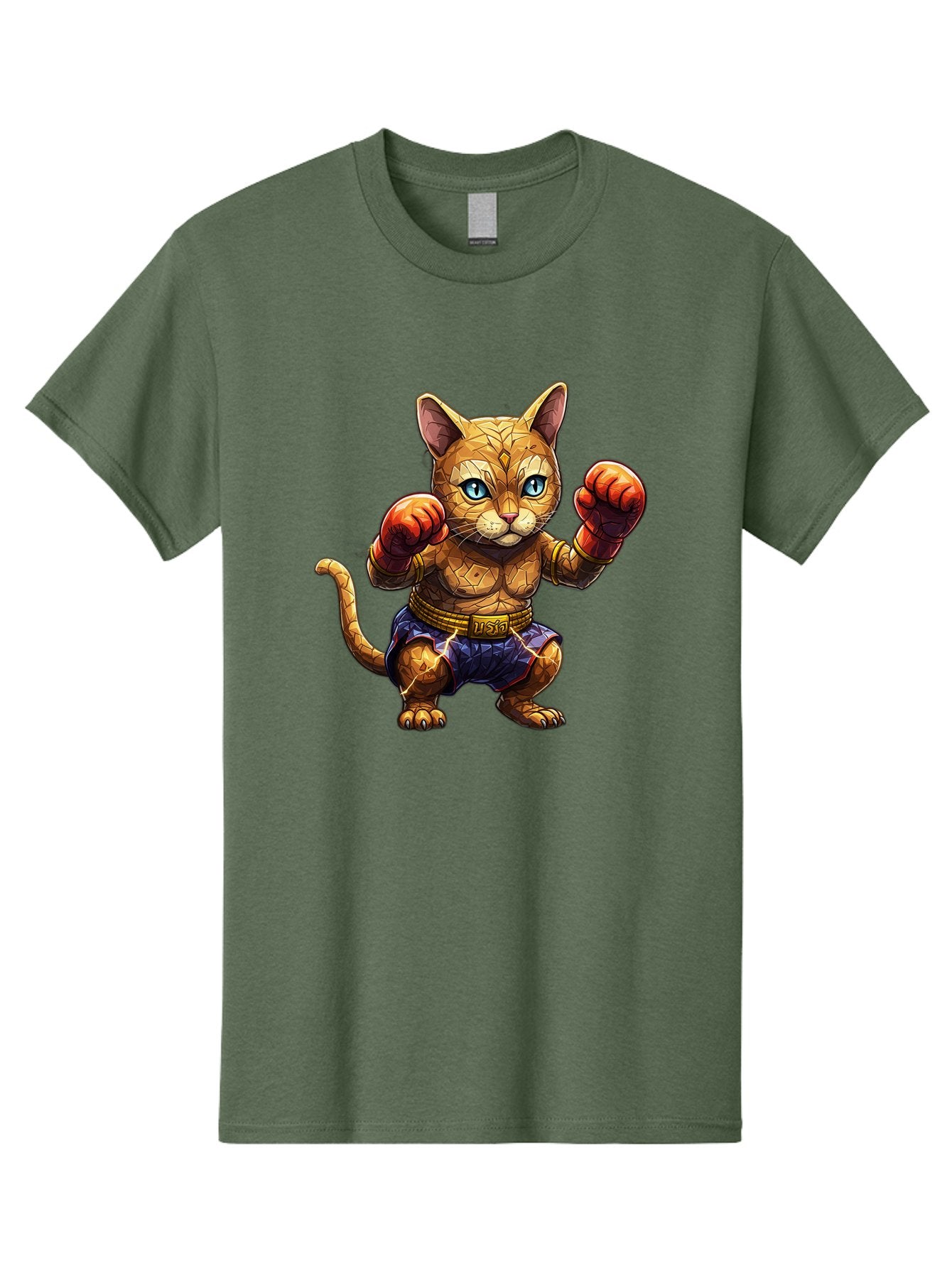 Kung-Fu-Cat-1 Men'S Graphic Tee, 100% Cotton, Comfortable Casual Summer Wear, Machine Washable, Cartoon Cat With Boxing Gloves, Muscular Cat, Fighting Stance, Blue Shorts, Gold Belt, Tiger-Like, Orange Fur, Intense Stare, Athletic Build, Bae481 12