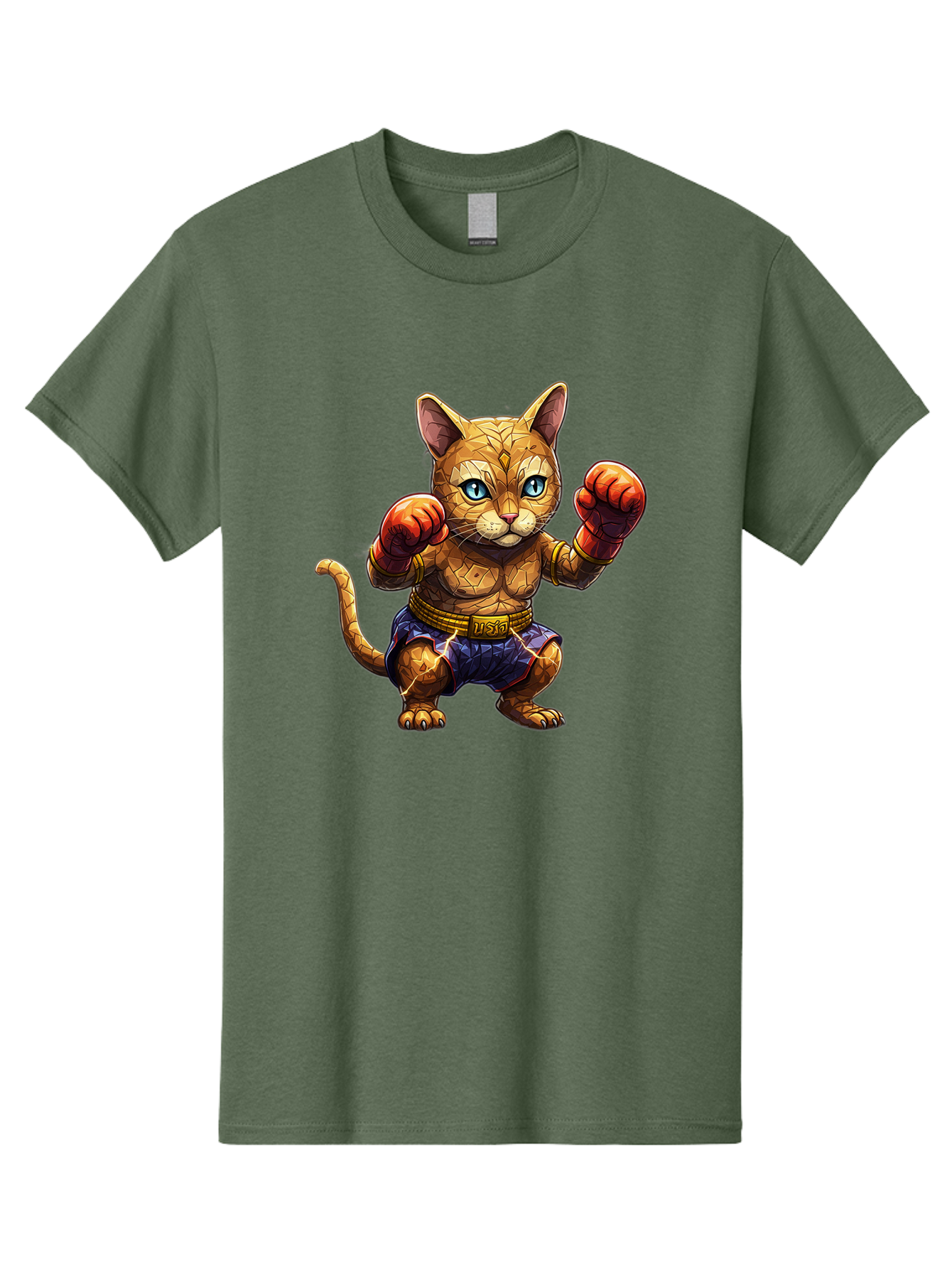 Kung-Fu-Cat-1 Men'S Graphic Tee, 100% Cotton, Comfortable Casual Summer Wear, Machine Washable, Cartoon Cat With Boxing Gloves, Muscular Cat, Fighting Stance, Blue Shorts, Gold Belt, Tiger-Like, Orange Fur, Intense Stare, Athletic Build, Bae481 3