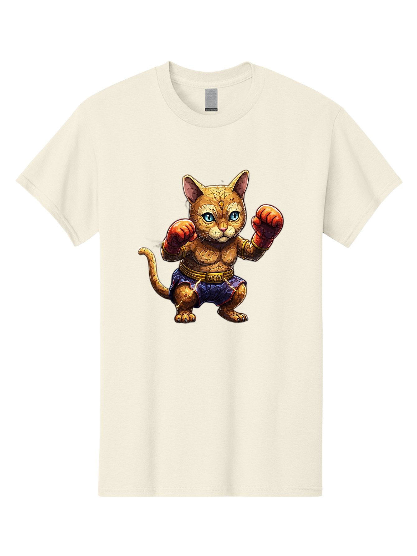 Kung-Fu-Cat-1 Men'S Graphic Tee, 100% Cotton, Comfortable Casual Summer Wear, Machine Washable, Cartoon Cat With Boxing Gloves, Muscular Cat, Fighting Stance, Blue Shorts, Gold Belt, Tiger-Like, Orange Fur, Intense Stare, Athletic Build, Bae481 3
