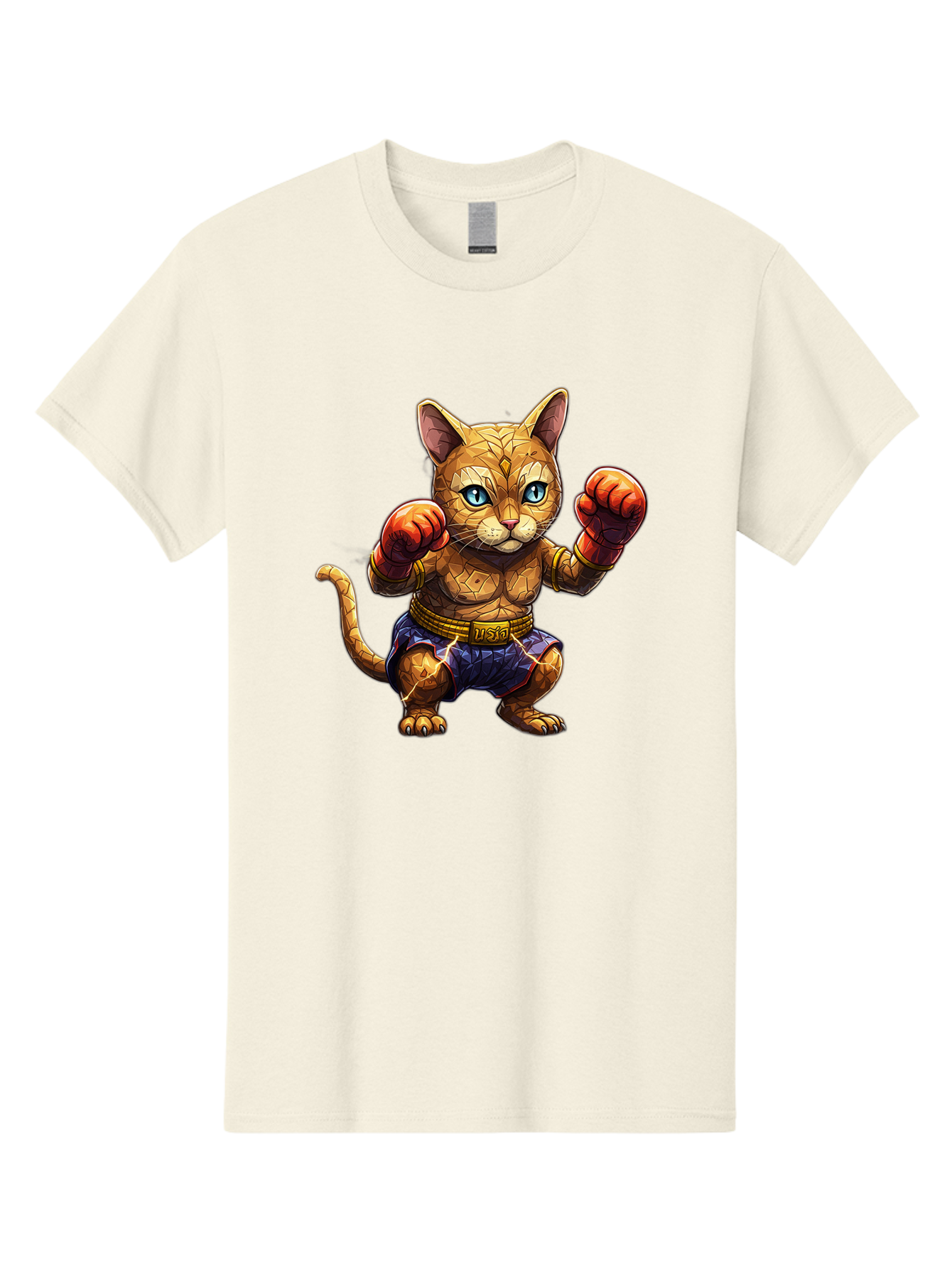 Kung-Fu-Cat-1 Men'S Graphic Tee, 100% Cotton, Comfortable Casual Summer Wear, Machine Washable, Cartoon Cat With Boxing Gloves, Muscular Cat, Fighting Stance, Blue Shorts, Gold Belt, Tiger-Like, Orange Fur, Intense Stare, Athletic Build, Bae481 9