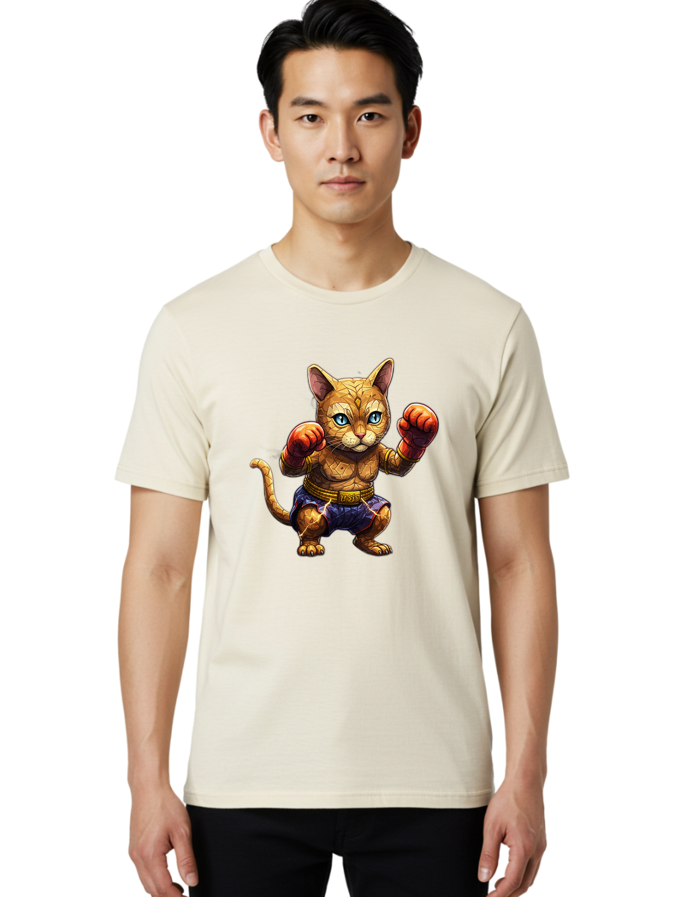 Kung-Fu-Cat-1 Men'S Graphic Tee, 100% Cotton, Comfortable Casual Summer Wear, Machine Washable, Cartoon Cat With Boxing Gloves, Muscular Cat, Fighting Stance, Blue Shorts, Gold Belt, Tiger-Like, Orange Fur, Intense Stare, Athletic Build, Bae481 24