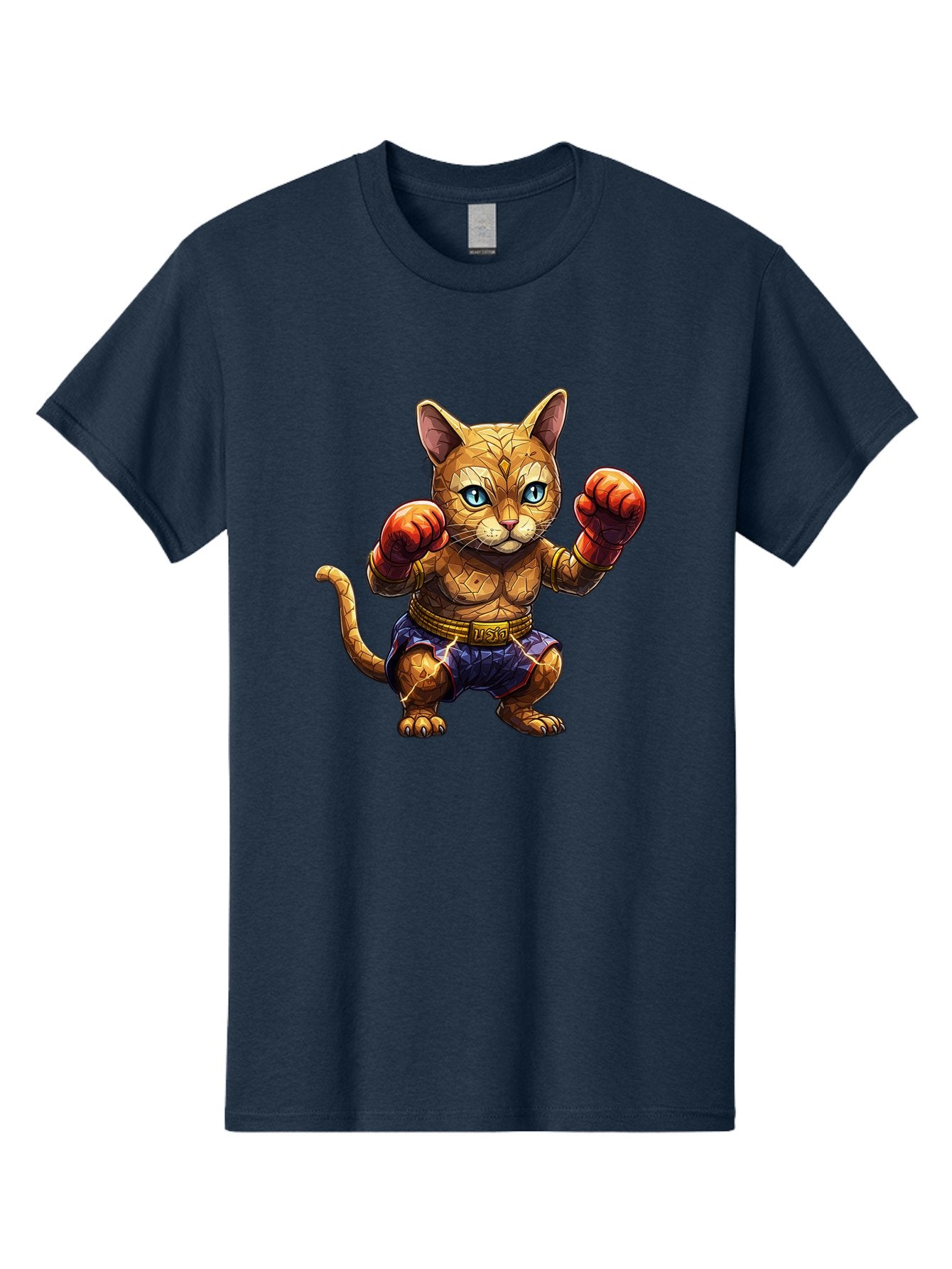 Kung-Fu-Cat-1 Men'S Graphic Tee, 100% Cotton, Comfortable Casual Summer Wear, Machine Washable, Cartoon Cat With Boxing Gloves, Muscular Cat, Fighting Stance, Blue Shorts, Gold Belt, Tiger-Like, Orange Fur, Intense Stare, Athletic Build, Bae481 9