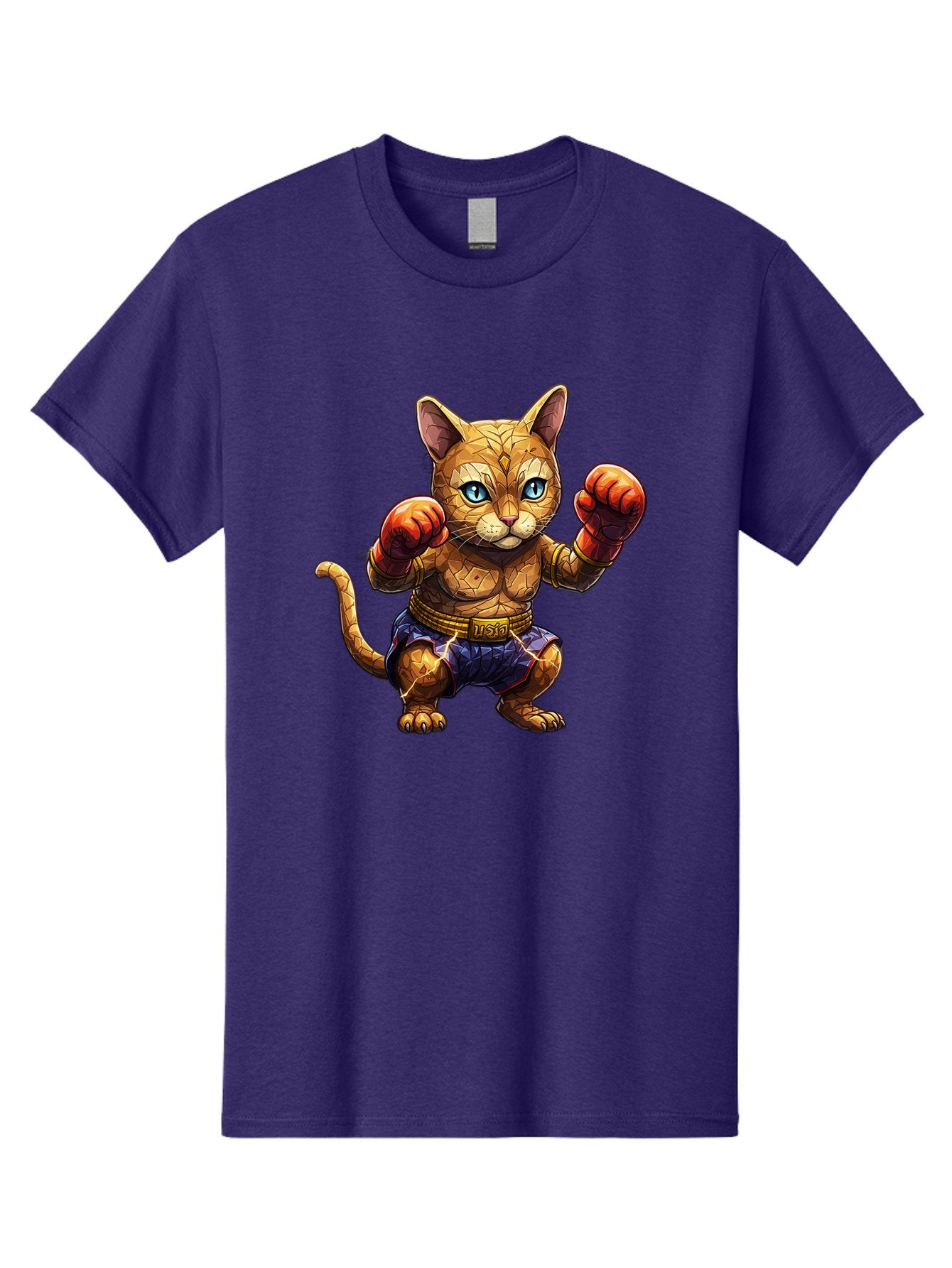 Kung-Fu-Cat-1 Men'S Graphic Tee, 100% Cotton, Comfortable Casual Summer Wear, Machine Washable, Cartoon Cat With Boxing Gloves, Muscular Cat, Fighting Stance, Blue Shorts, Gold Belt, Tiger-Like, Orange Fur, Intense Stare, Athletic Build, Bae481