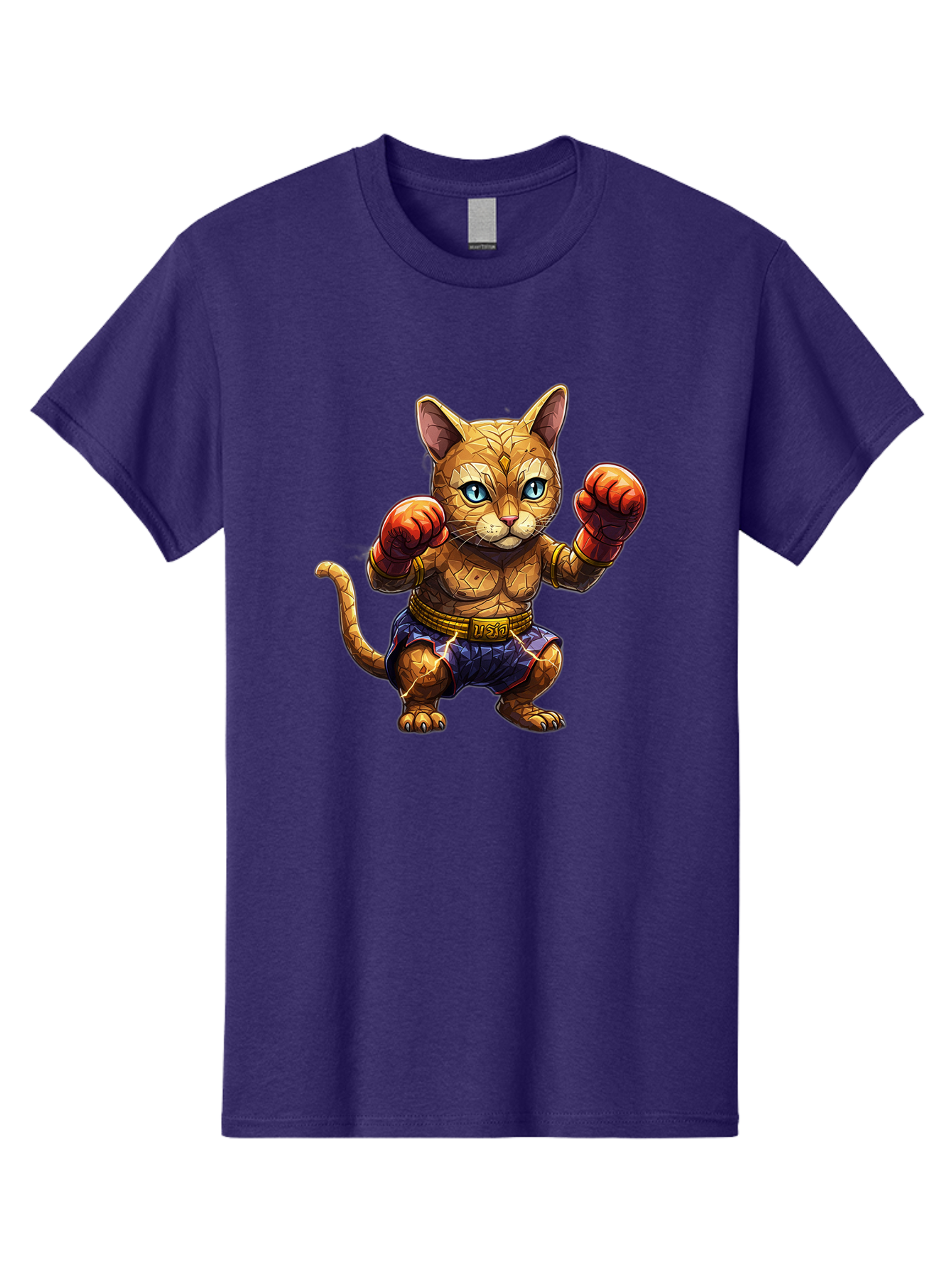 Kung-Fu-Cat-1 Men'S Graphic Tee, 100% Cotton, Comfortable Casual Summer Wear, Machine Washable, Cartoon Cat With Boxing Gloves, Muscular Cat, Fighting Stance, Blue Shorts, Gold Belt, Tiger-Like, Orange Fur, Intense Stare, Athletic Build, Bae481 10