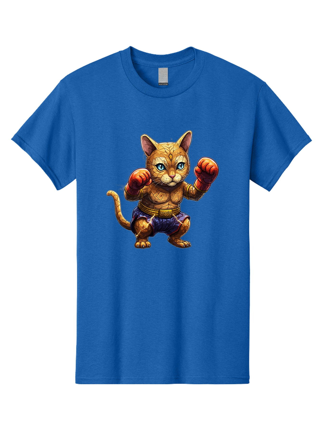 Kung-Fu-Cat-1 Men'S Graphic Tee, 100% Cotton, Comfortable Casual Summer Wear, Machine Washable, Cartoon Cat With Boxing Gloves, Muscular Cat, Fighting Stance, Blue Shorts, Gold Belt, Tiger-Like, Orange Fur, Intense Stare, Athletic Build, Bae481 12