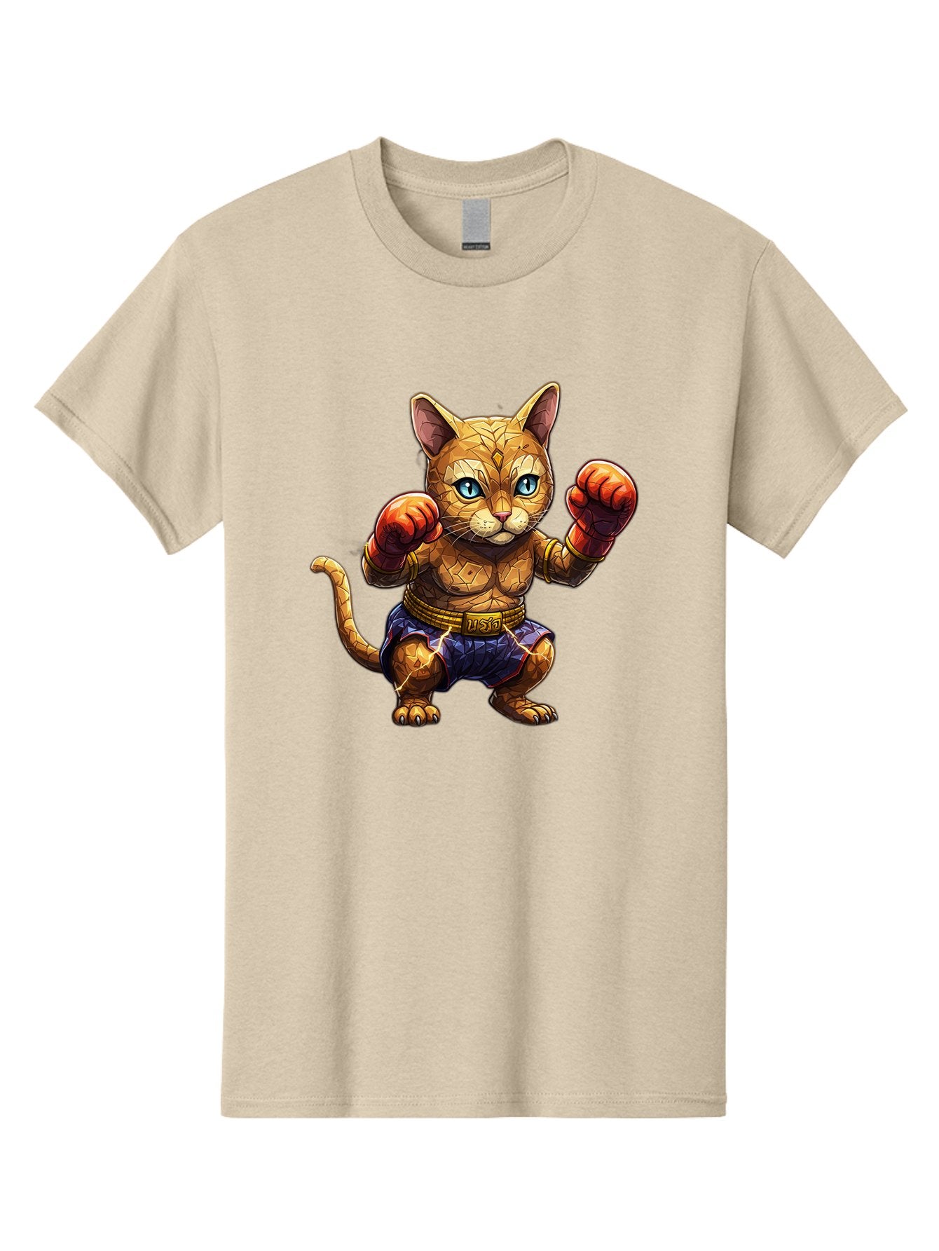 Kung-Fu-Cat-1 Men'S Graphic Tee, 100% Cotton, Comfortable Casual Summer Wear, Machine Washable, Cartoon Cat With Boxing Gloves, Muscular Cat, Fighting Stance, Blue Shorts, Gold Belt, Tiger-Like, Orange Fur, Intense Stare, Athletic Build, Bae481 10