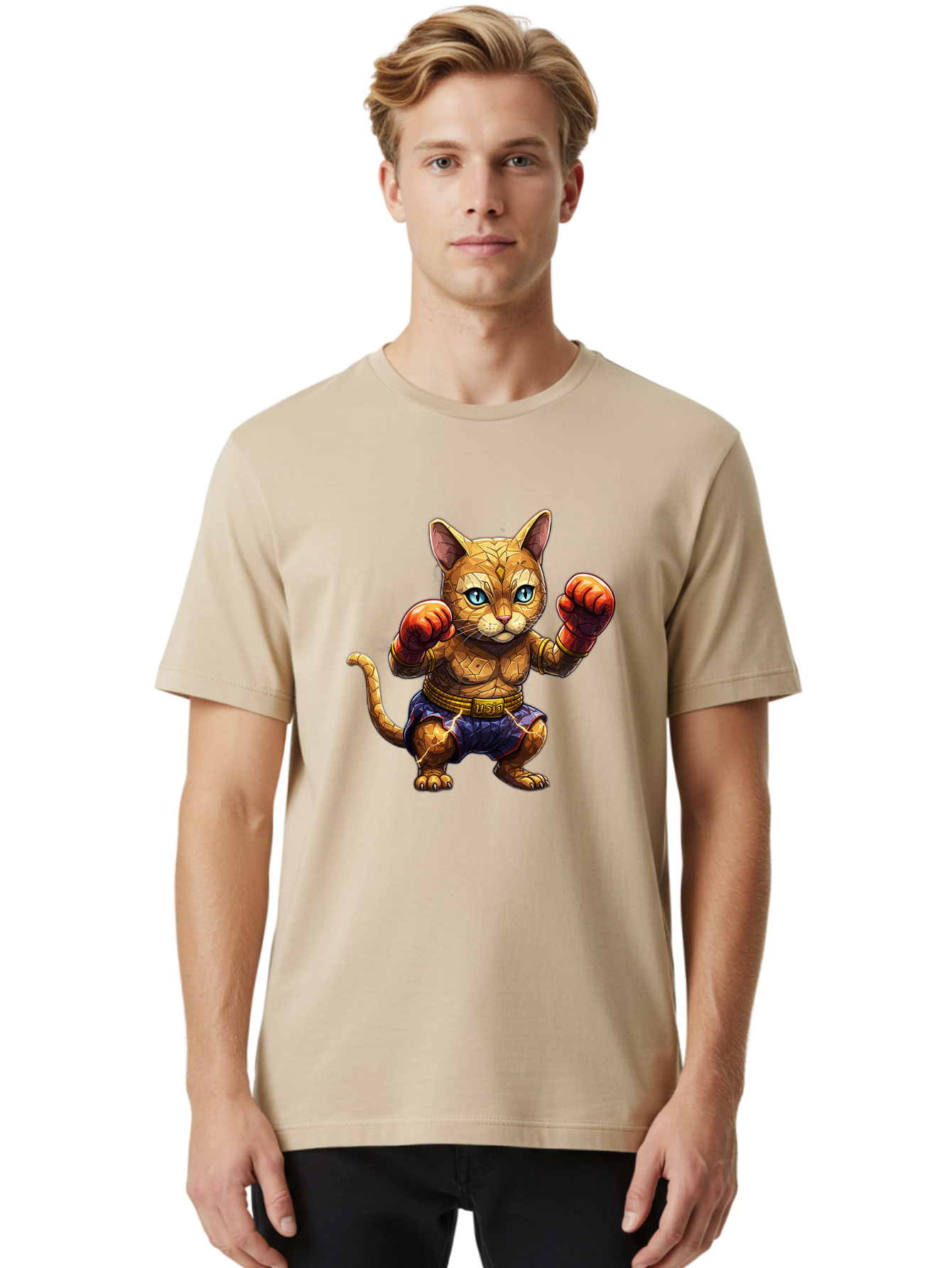 Kung-Fu-Cat-1 Men'S Graphic Tee, 100% Cotton, Comfortable Casual Summer Wear, Machine Washable, Cartoon Cat With Boxing Gloves, Muscular Cat, Fighting Stance, Blue Shorts, Gold Belt, Tiger-Like, Orange Fur, Intense Stare, Athletic Build, Bae481 29