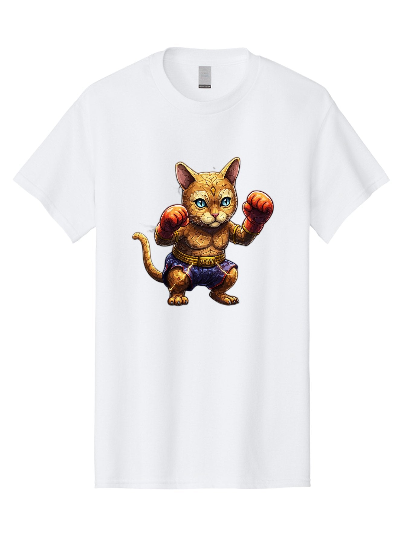 Kung-Fu-Cat-1 Men'S Graphic Tee, 100% Cotton, Comfortable Casual Summer Wear, Machine Washable, Cartoon Cat With Boxing Gloves, Muscular Cat, Fighting Stance, Blue Shorts, Gold Belt, Tiger-Like, Orange Fur, Intense Stare, Athletic Build, Bae481 5