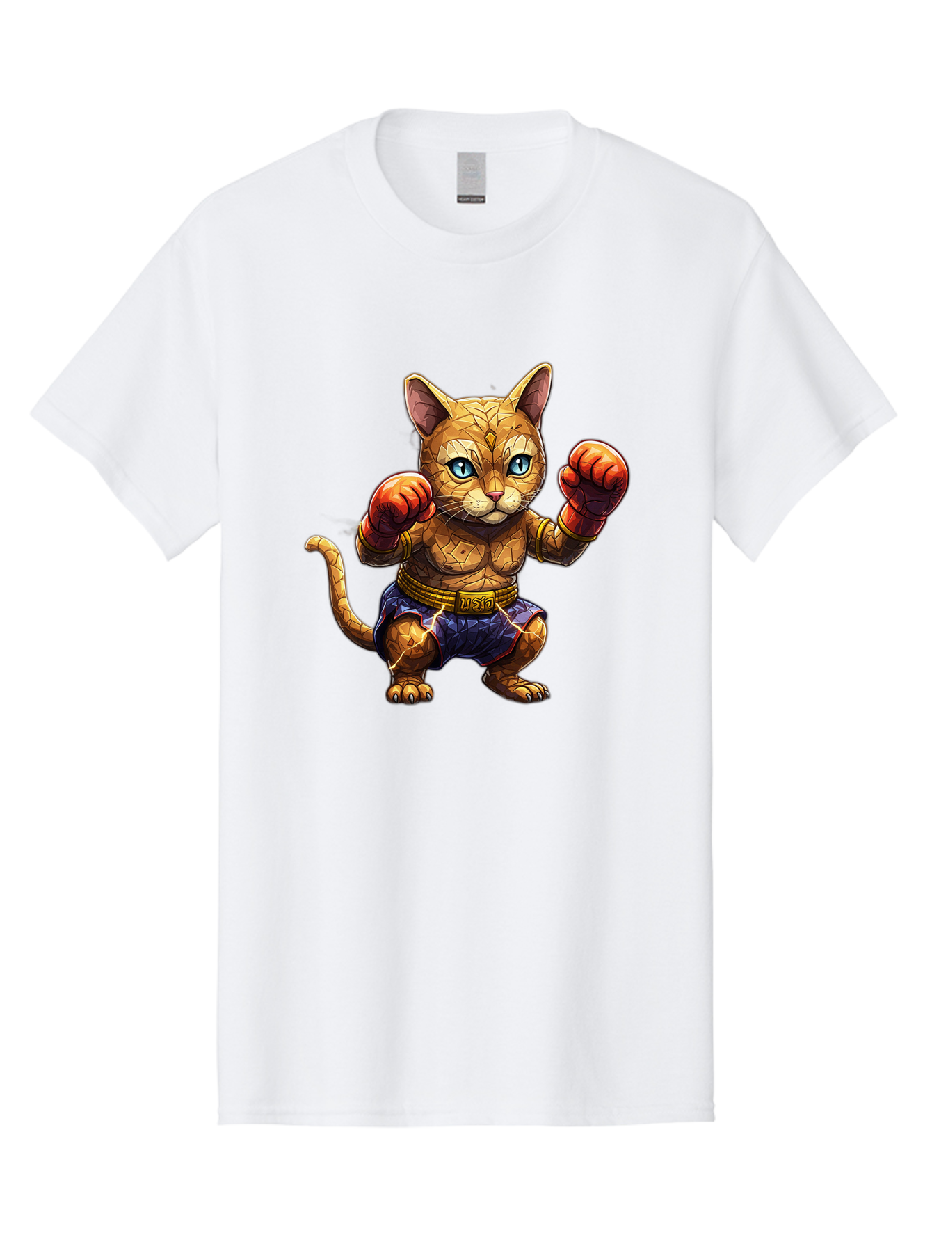 Kung-Fu-Cat-1 Men'S Graphic Tee, 100% Cotton, Comfortable Casual Summer Wear, Machine Washable, Cartoon Cat With Boxing Gloves, Muscular Cat, Fighting Stance, Blue Shorts, Gold Belt, Tiger-Like, Orange Fur, Intense Stare, Athletic Build, Bae481 8