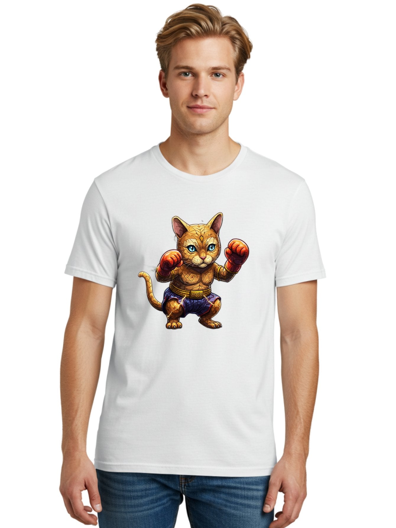 Kung-Fu-Cat-1 Men'S Graphic Tee, 100% Cotton, Comfortable Casual Summer Wear, Machine Washable, Cartoon Cat With Boxing Gloves, Muscular Cat, Fighting Stance, Blue Shorts, Gold Belt, Tiger-Like, Orange Fur, Intense Stare, Athletic Build, Bae481 23