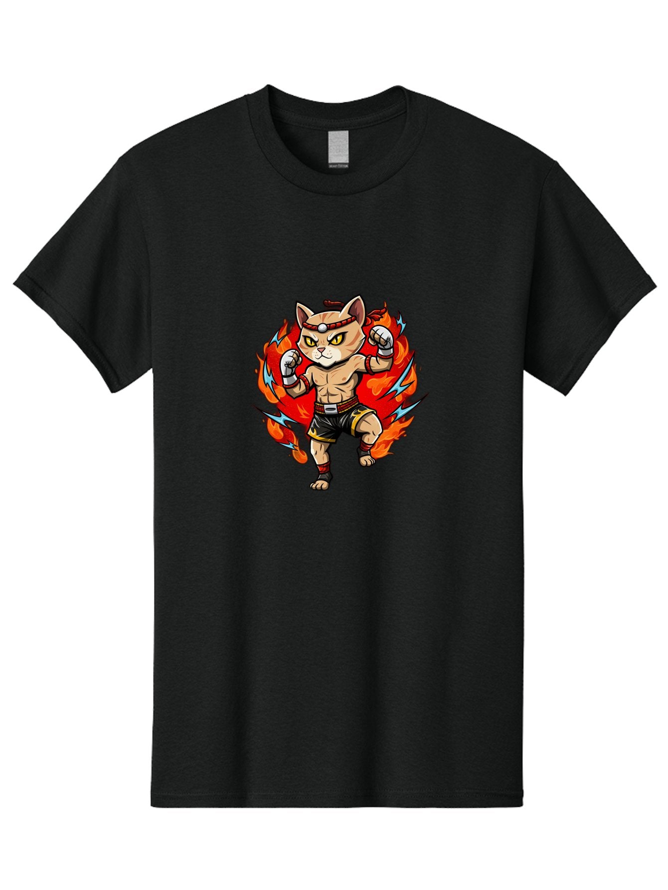 Kung-Fu-Cat Men'S Graphic Tee, 100% Cotton, Comfortable Casual Summer Wear, Machine Washable, Cartoon Cat, Fighting Stance, Martial Arts, Ninja Kitty, Red Flames, Orange Kitten, Yellow Eyes, Boxing Gloves Bae482