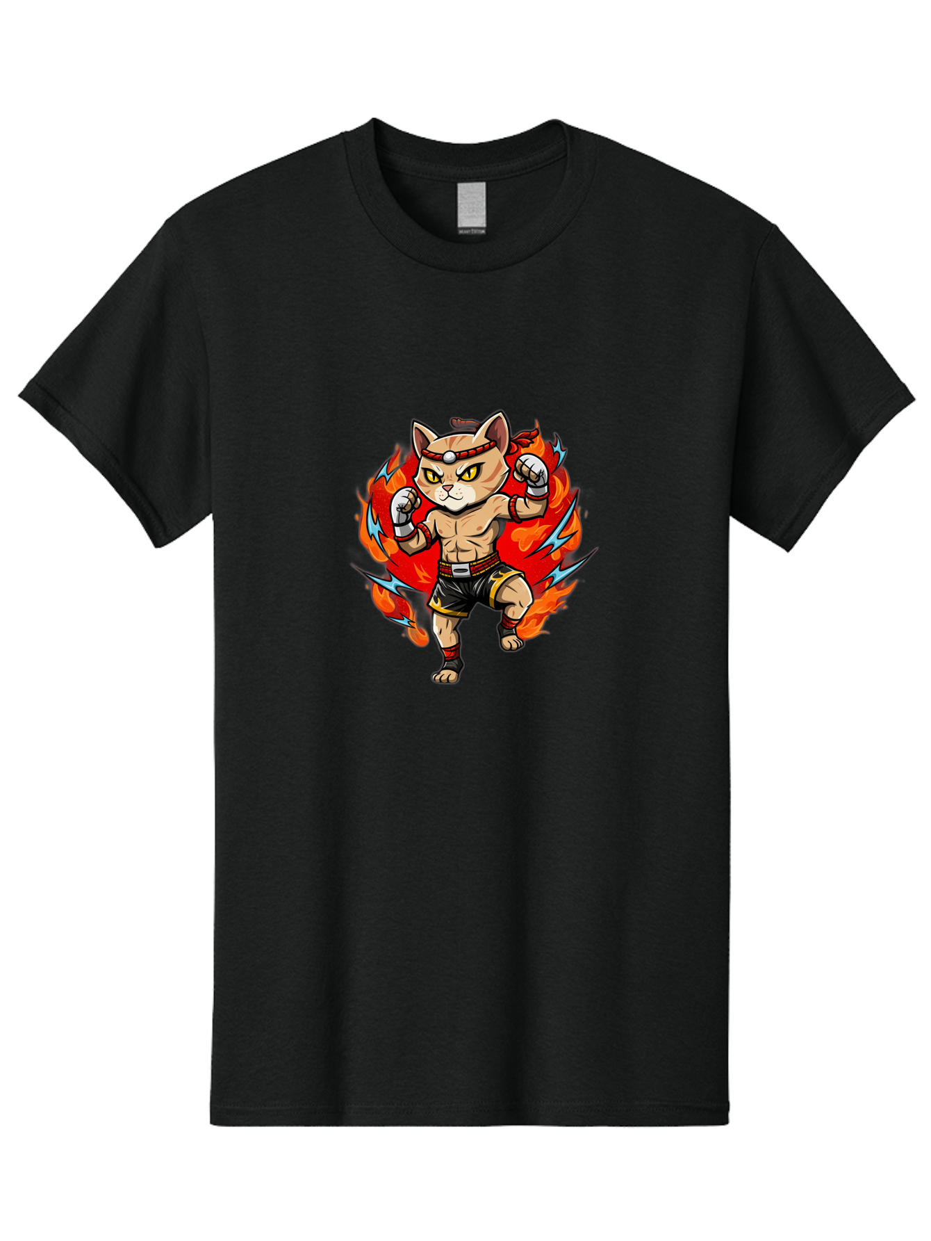 Kung-Fu-Cat Men'S Graphic Tee, 100% Cotton, Comfortable Casual Summer Wear, Machine Washable, Cartoon Cat, Fighting Stance, Martial Arts, Ninja Kitty, Red Flames, Orange Kitten, Yellow Eyes, Boxing Gloves Bae482 10