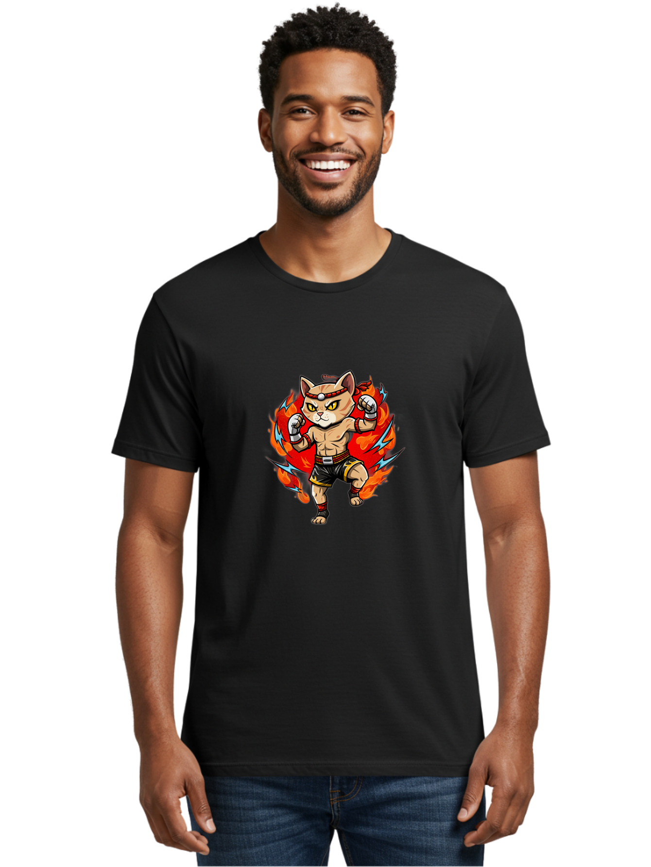 Kung-Fu-Cat Men'S Graphic Tee, 100% Cotton, Comfortable Casual Summer Wear, Machine Washable, Cartoon Cat, Fighting Stance, Martial Arts, Ninja Kitty, Red Flames, Orange Kitten, Yellow Eyes, Boxing Gloves Bae482 25