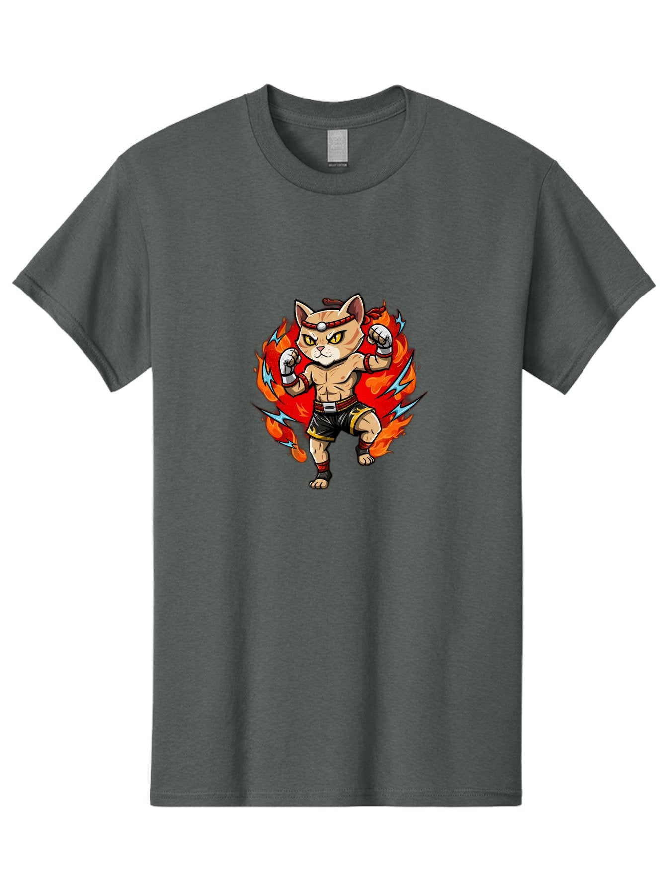 Kung-Fu-Cat Men'S Graphic Tee, 100% Cotton, Comfortable Casual Summer Wear, Machine Washable, Cartoon Cat, Fighting Stance, Martial Arts, Ninja Kitty, Red Flames, Orange Kitten, Yellow Eyes, Boxing Gloves Bae482 10