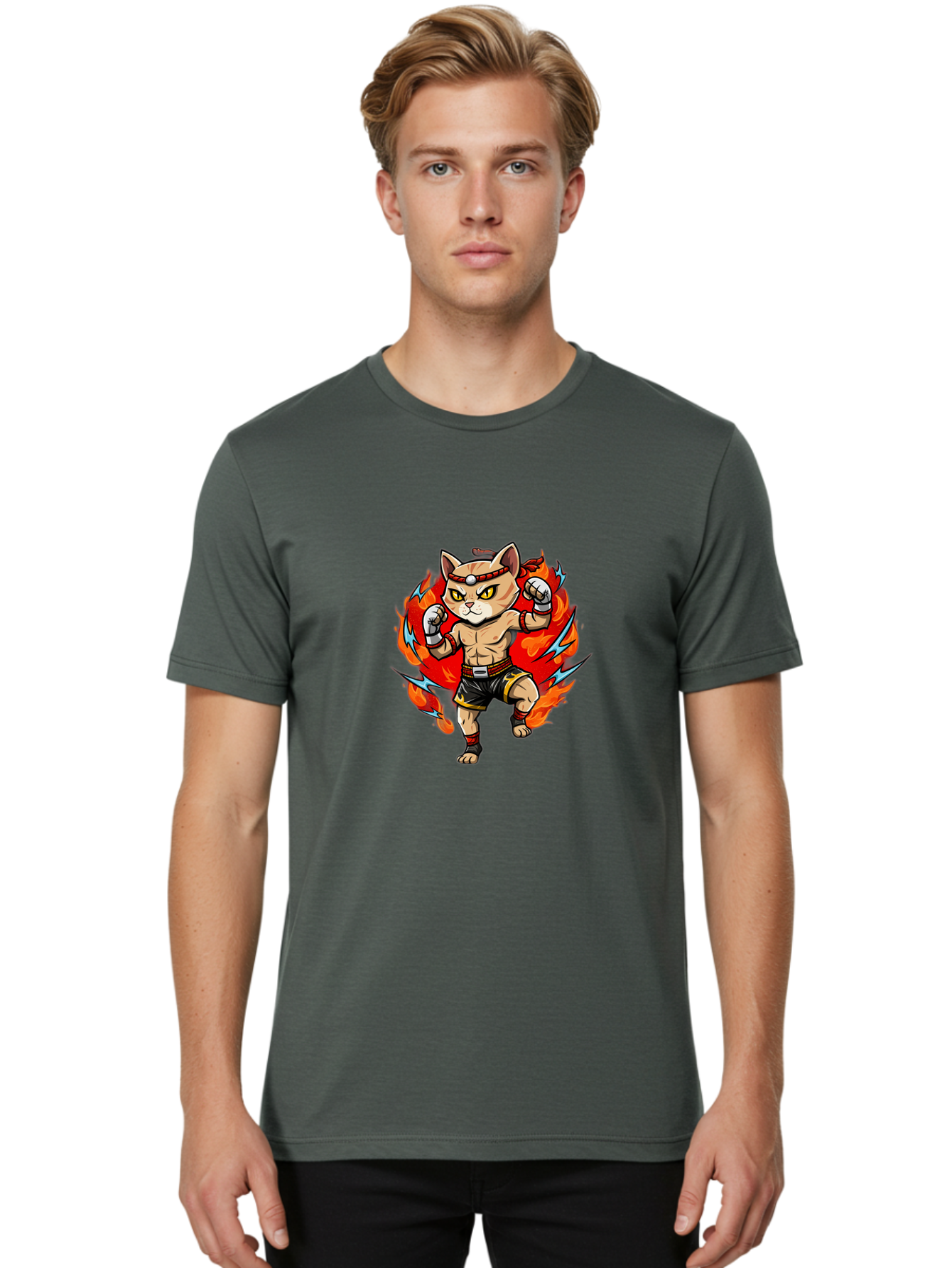 Kung-Fu-Cat Men'S Graphic Tee, 100% Cotton, Comfortable Casual Summer Wear, Machine Washable, Cartoon Cat, Fighting Stance, Martial Arts, Ninja Kitty, Red Flames, Orange Kitten, Yellow Eyes, Boxing Gloves Bae482 29