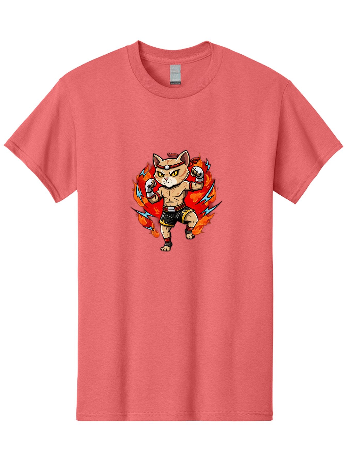Kung-Fu-Cat Men'S Graphic Tee, 100% Cotton, Comfortable Casual Summer Wear, Machine Washable, Cartoon Cat, Fighting Stance, Martial Arts, Ninja Kitty, Red Flames, Orange Kitten, Yellow Eyes, Boxing Gloves Bae482 14