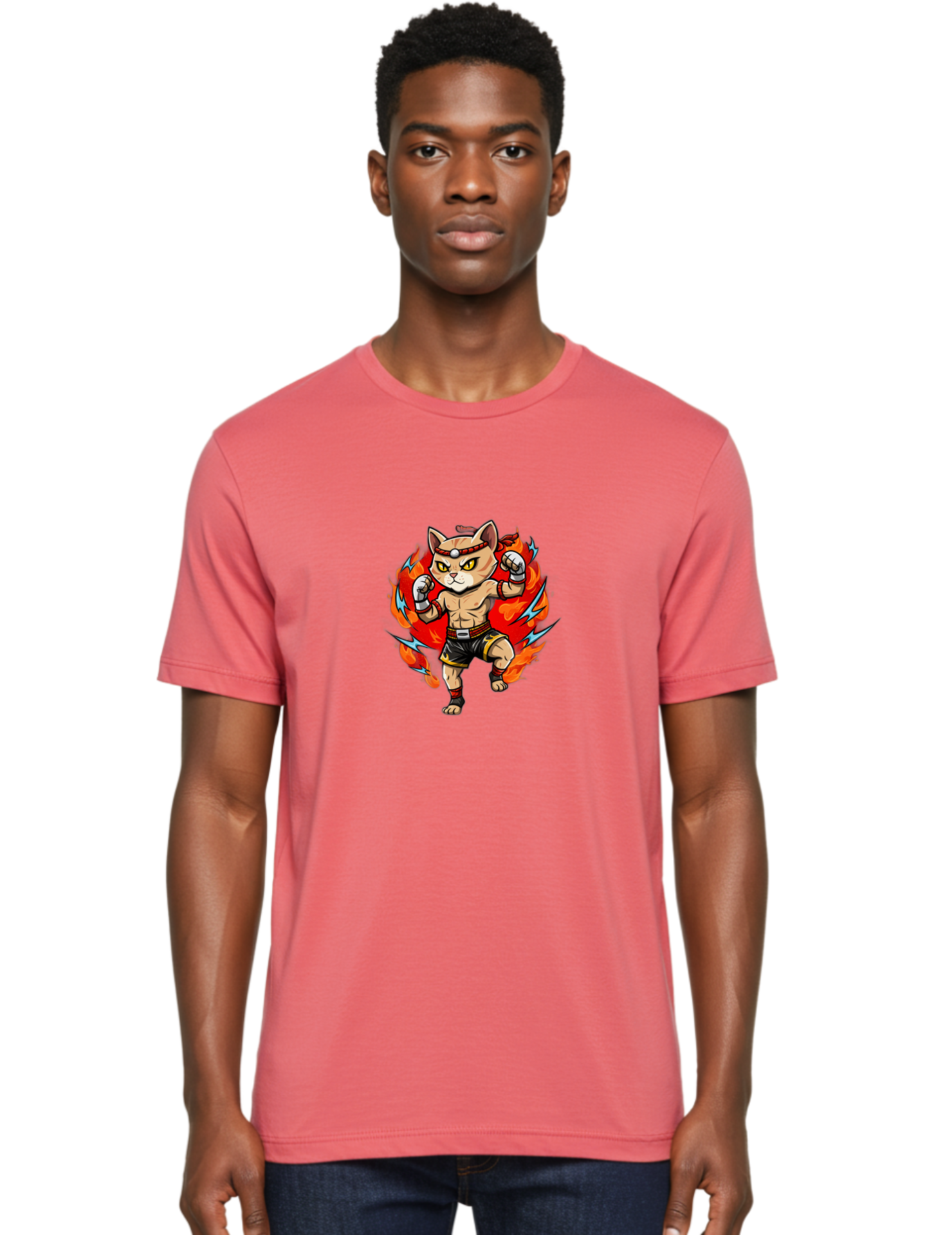 Kung-Fu-Cat Men'S Graphic Tee, 100% Cotton, Comfortable Casual Summer Wear, Machine Washable, Cartoon Cat, Fighting Stance, Martial Arts, Ninja Kitty, Red Flames, Orange Kitten, Yellow Eyes, Boxing Gloves Bae482 17