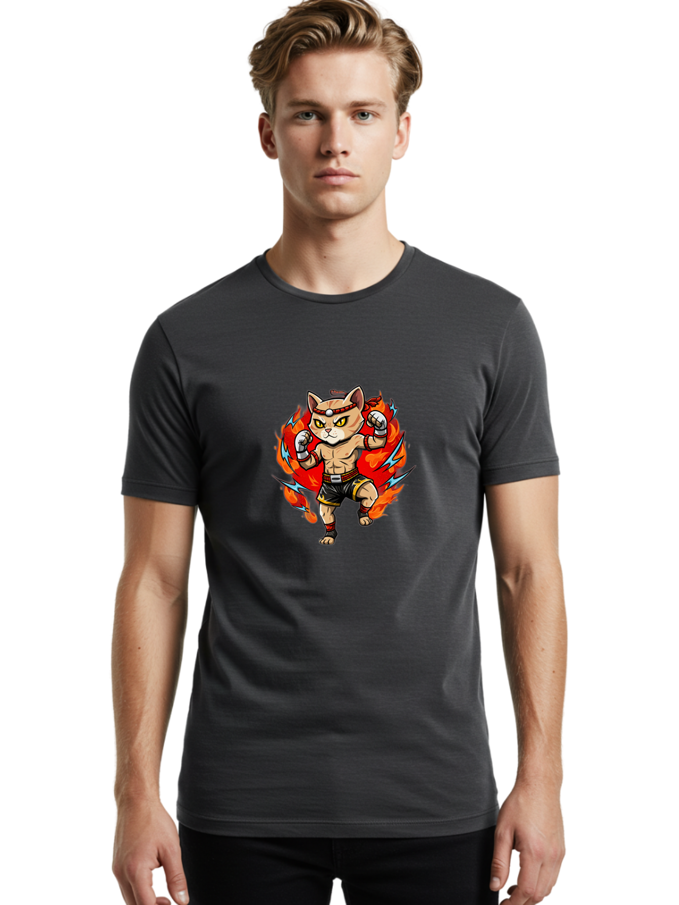 Kung-Fu-Cat Men'S Graphic Tee, 100% Cotton, Comfortable Casual Summer Wear, Machine Washable, Cartoon Cat, Fighting Stance, Martial Arts, Ninja Kitty, Red Flames, Orange Kitten, Yellow Eyes, Boxing Gloves Bae482 30