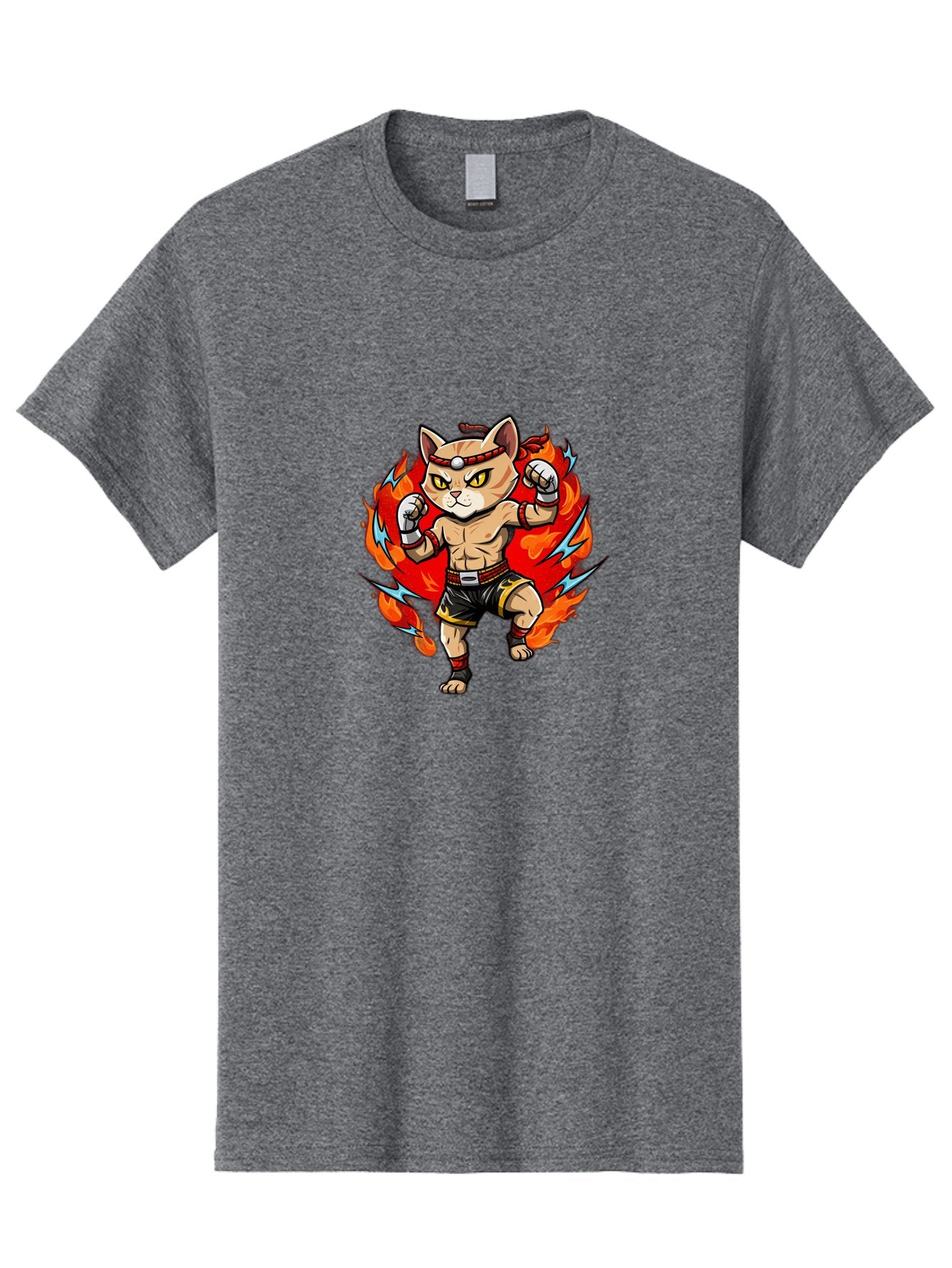 Kung-Fu-Cat Men'S Graphic Tee, 100% Cotton, Comfortable Casual Summer Wear, Machine Washable, Cartoon Cat, Fighting Stance, Martial Arts, Ninja Kitty, Red Flames, Orange Kitten, Yellow Eyes, Boxing Gloves Bae482 4