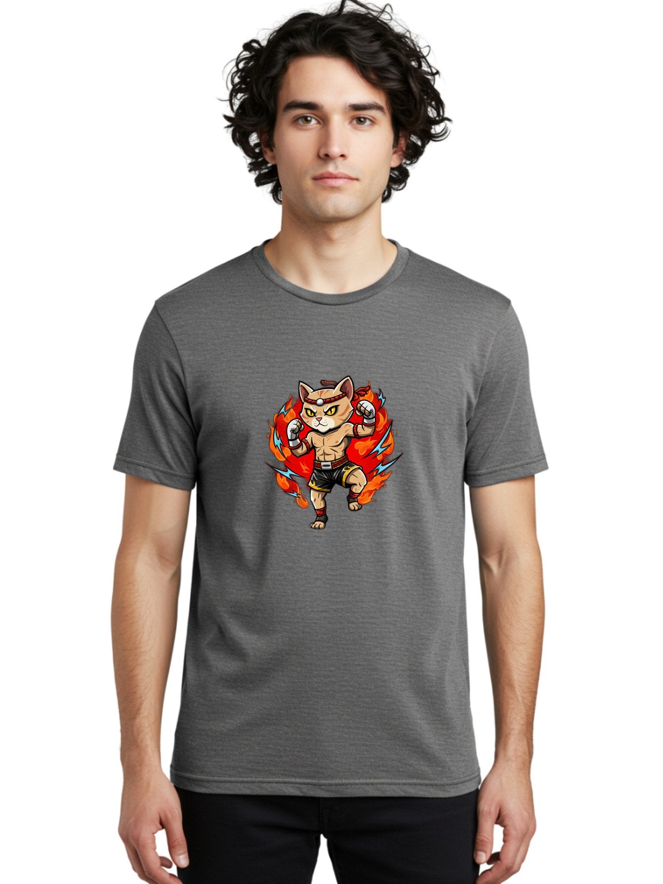 Kung-Fu-Cat Men'S Graphic Tee, 100% Cotton, Comfortable Casual Summer Wear, Machine Washable, Cartoon Cat, Fighting Stance, Martial Arts, Ninja Kitty, Red Flames, Orange Kitten, Yellow Eyes, Boxing Gloves Bae482 18