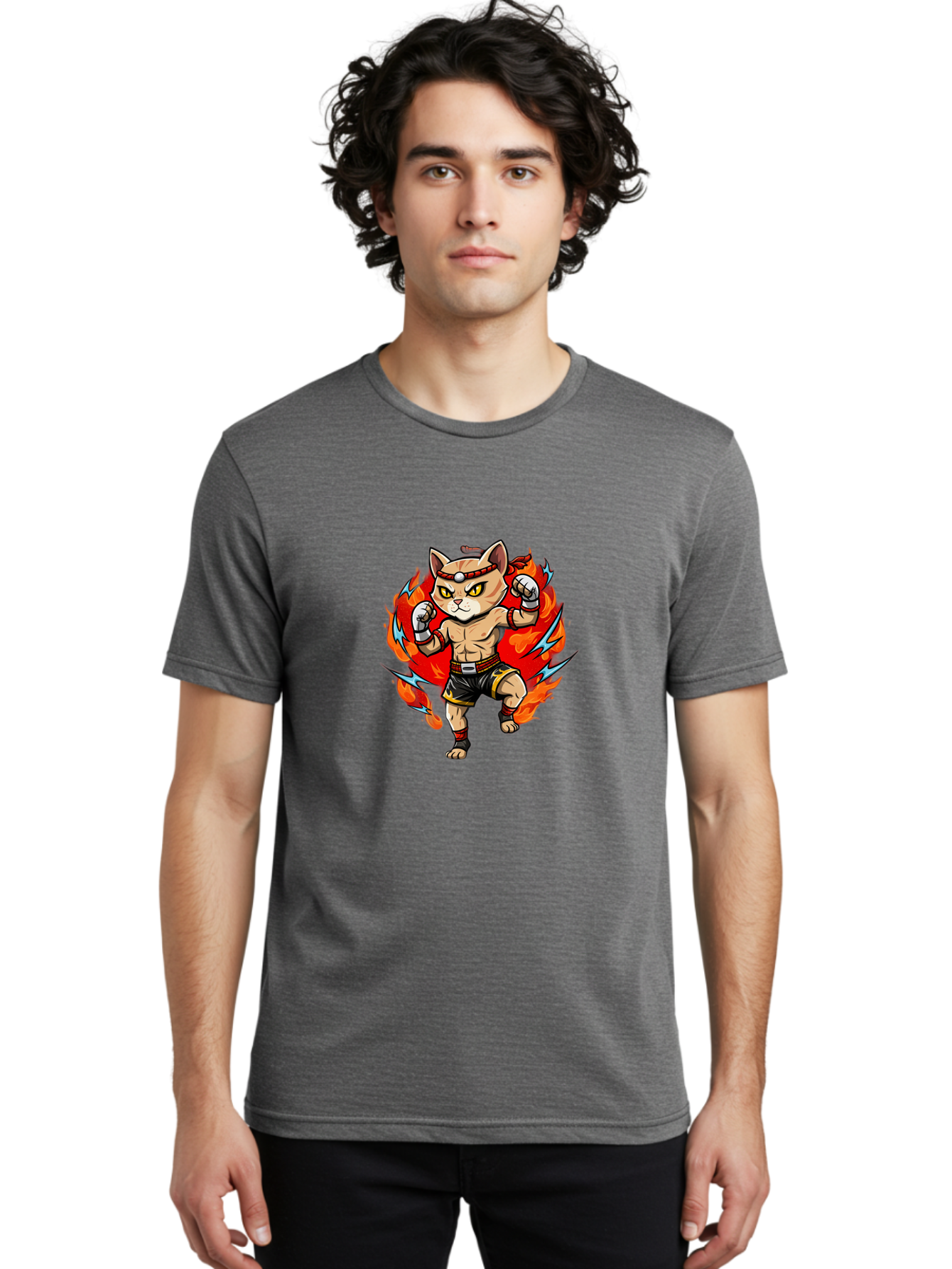 Kung-Fu-Cat Men'S Graphic Tee, 100% Cotton, Comfortable Casual Summer Wear, Machine Washable, Cartoon Cat, Fighting Stance, Martial Arts, Ninja Kitty, Red Flames, Orange Kitten, Yellow Eyes, Boxing Gloves Bae482 27