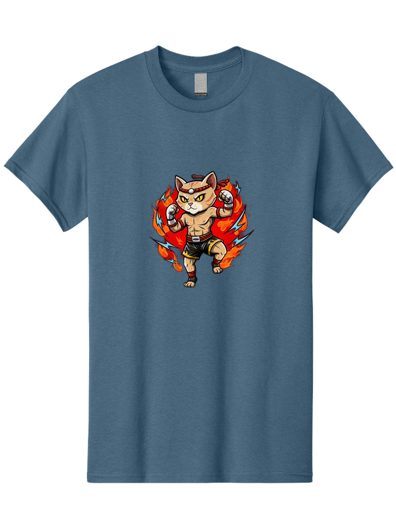 Kung-Fu-Cat Men'S Graphic Tee, 100% Cotton, Comfortable Casual Summer Wear, Machine Washable, Cartoon Cat, Fighting Stance, Martial Arts, Ninja Kitty, Red Flames, Orange Kitten, Yellow Eyes, Boxing Gloves Bae482 12