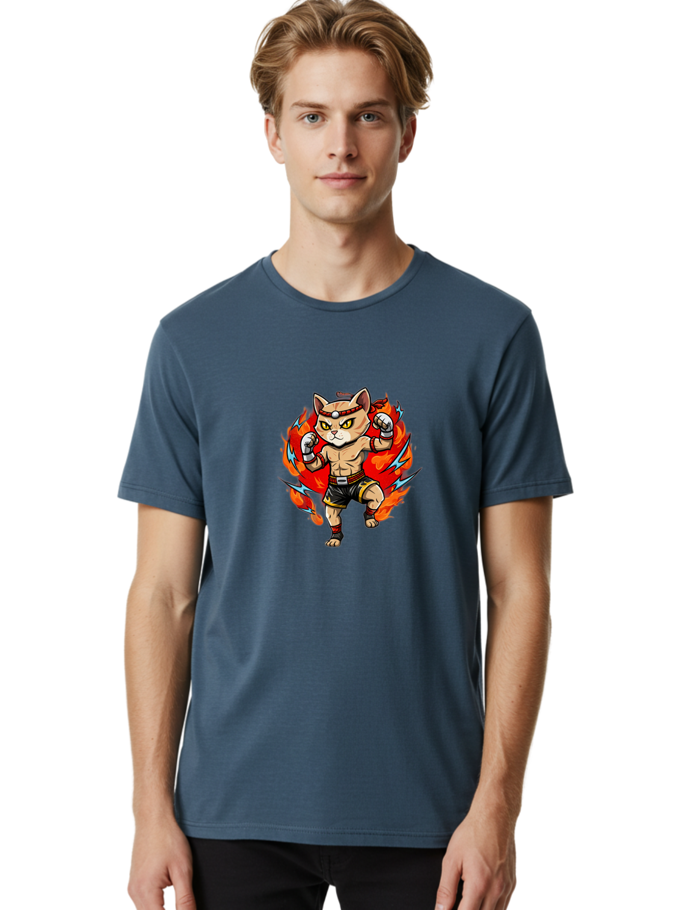 Kung-Fu-Cat Men'S Graphic Tee, 100% Cotton, Comfortable Casual Summer Wear, Machine Washable, Cartoon Cat, Fighting Stance, Martial Arts, Ninja Kitty, Red Flames, Orange Kitten, Yellow Eyes, Boxing Gloves Bae482 18