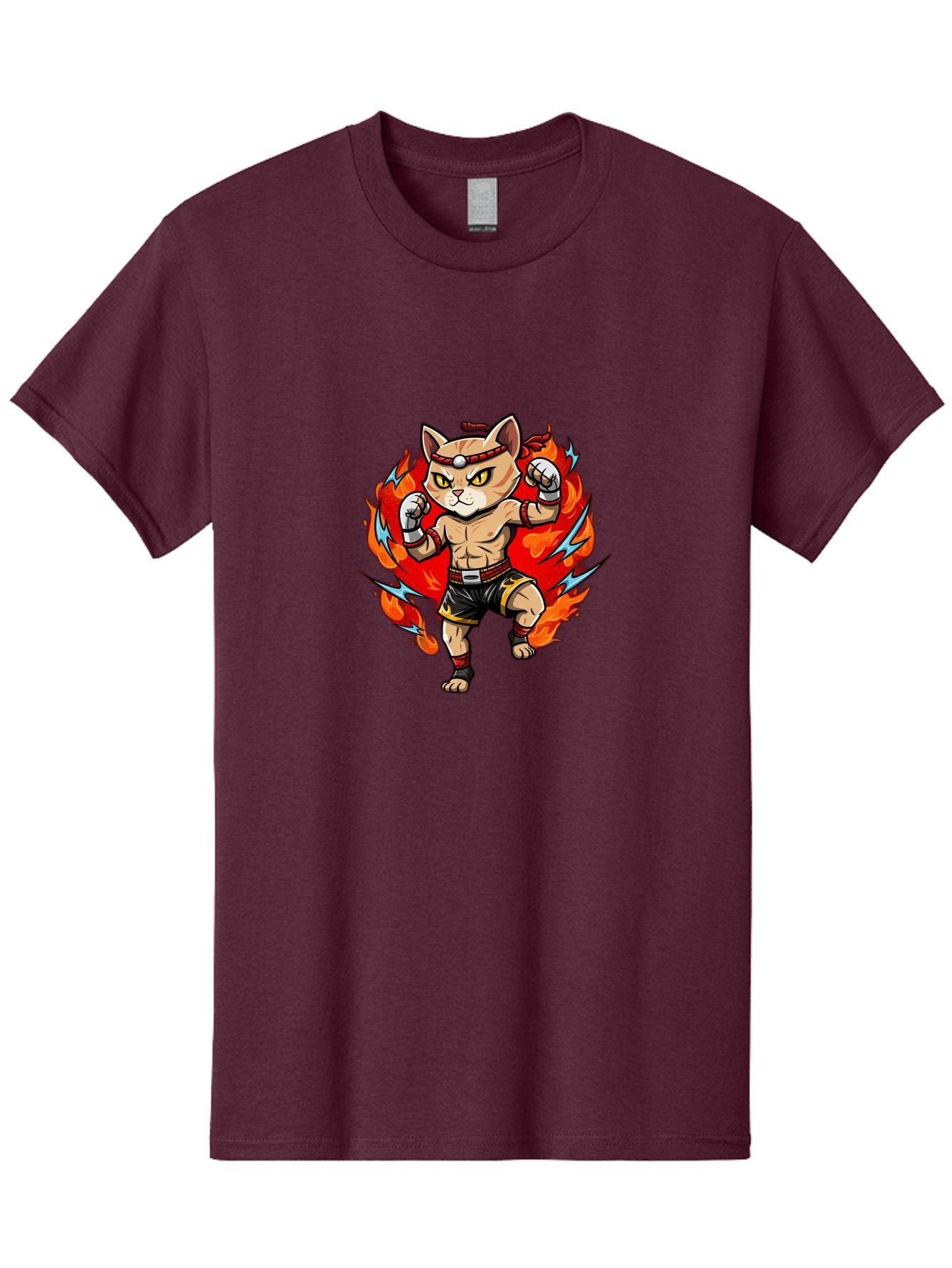 Kung-Fu-Cat Men'S Graphic Tee, 100% Cotton, Comfortable Casual Summer Wear, Machine Washable, Cartoon Cat, Fighting Stance, Martial Arts, Ninja Kitty, Red Flames, Orange Kitten, Yellow Eyes, Boxing Gloves Bae482 15