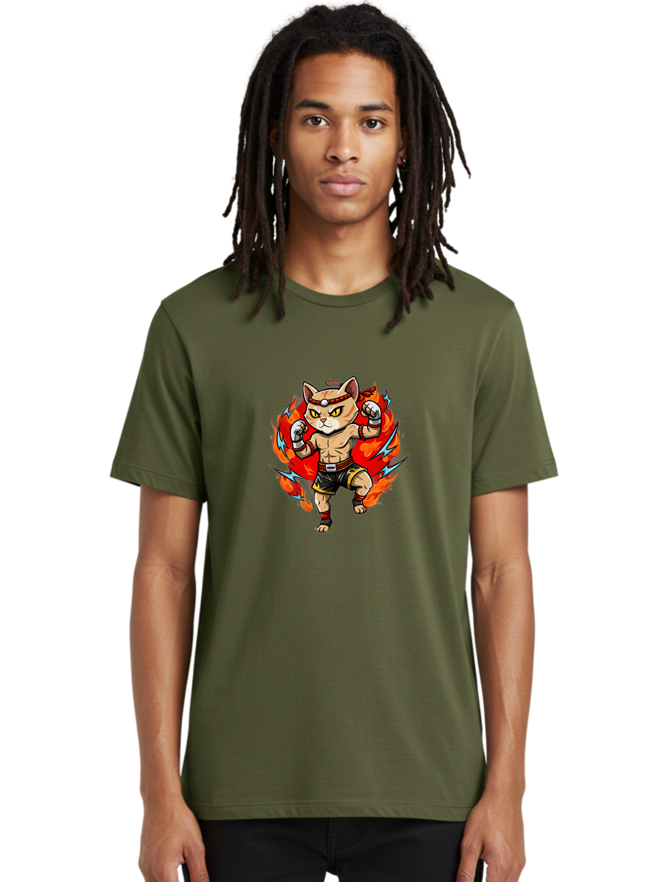 Kung-Fu-Cat Men'S Graphic Tee, 100% Cotton, Comfortable Casual Summer Wear, Machine Washable, Cartoon Cat, Fighting Stance, Martial Arts, Ninja Kitty, Red Flames, Orange Kitten, Yellow Eyes, Boxing Gloves Bae482 22