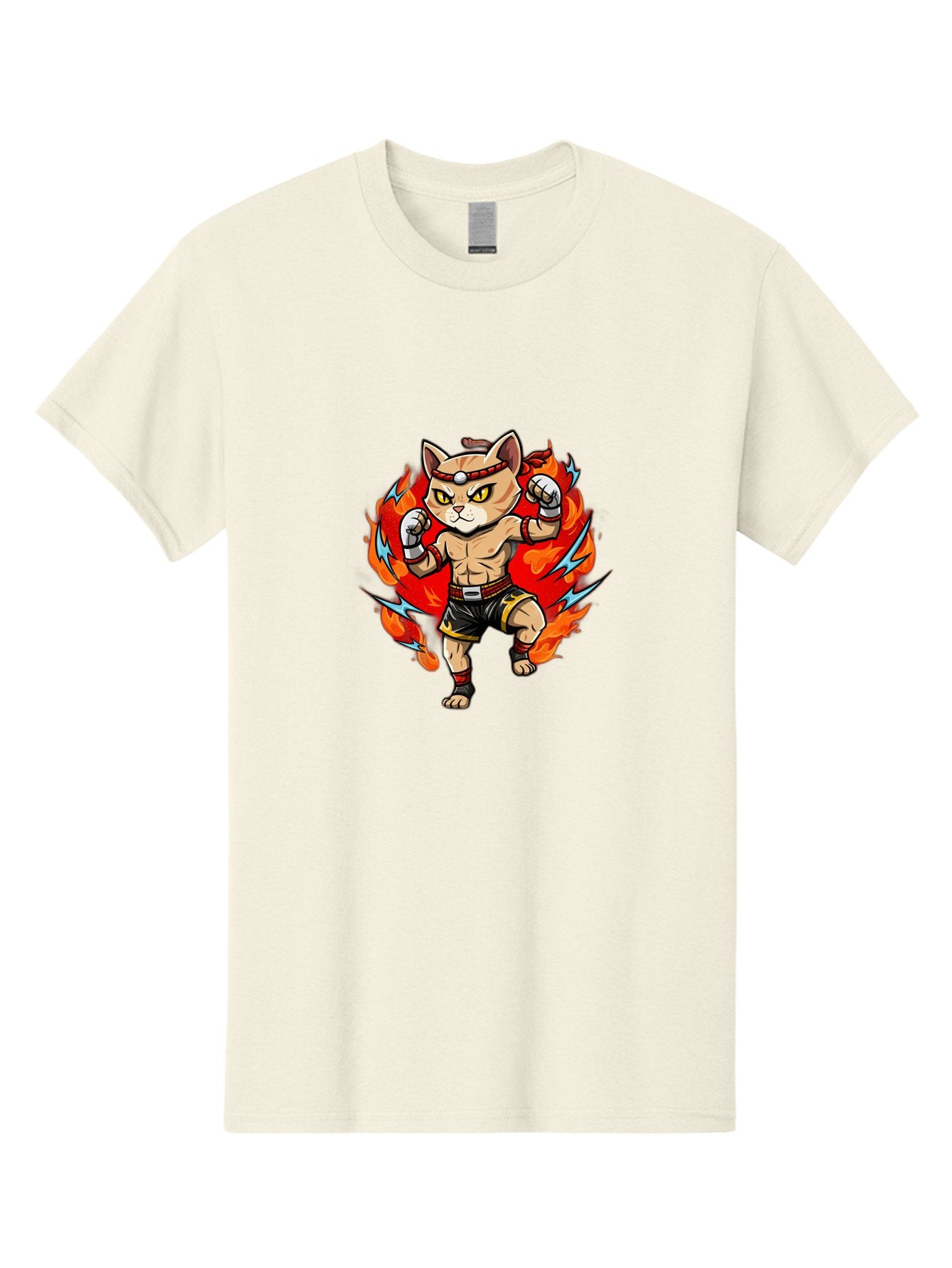 Kung-Fu-Cat Men'S Graphic Tee, 100% Cotton, Comfortable Casual Summer Wear, Machine Washable, Cartoon Cat, Fighting Stance, Martial Arts, Ninja Kitty, Red Flames, Orange Kitten, Yellow Eyes, Boxing Gloves Bae482 9