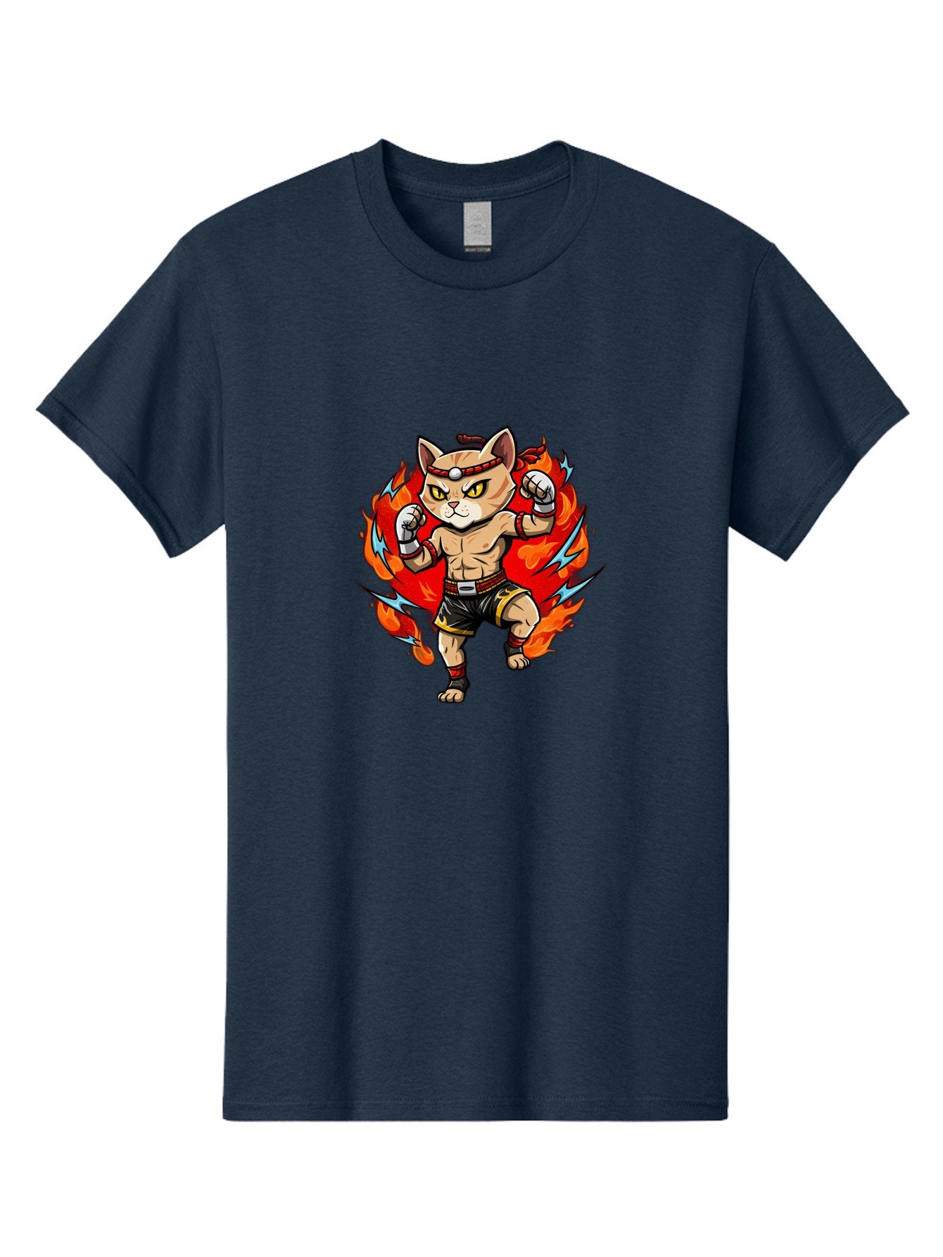 Kung-Fu-Cat Men'S Graphic Tee, 100% Cotton, Comfortable Casual Summer Wear, Machine Washable, Cartoon Cat, Fighting Stance, Martial Arts, Ninja Kitty, Red Flames, Orange Kitten, Yellow Eyes, Boxing Gloves Bae482 3